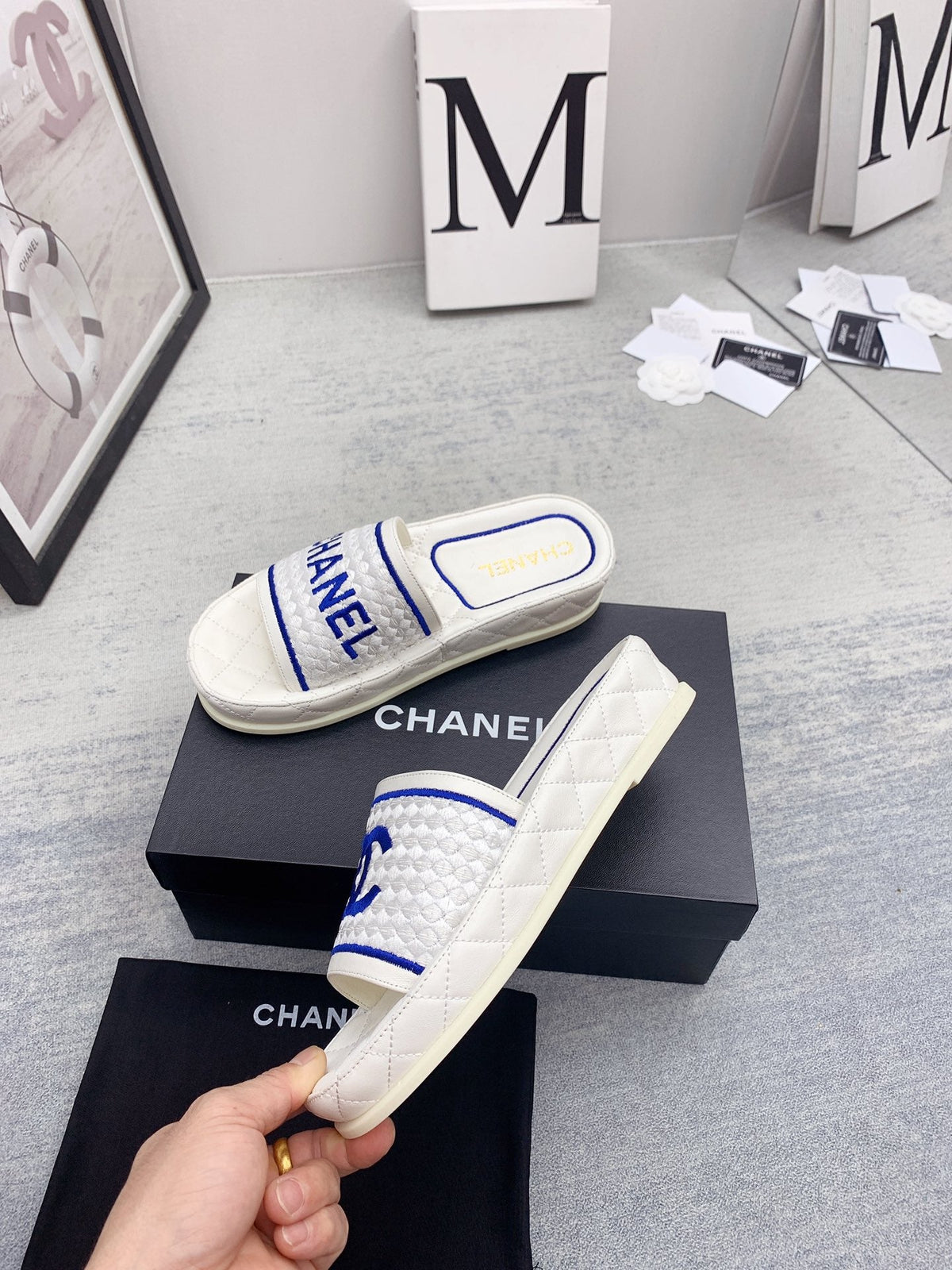 CC 26s Mules White Blue Fabric Lambskin 160067