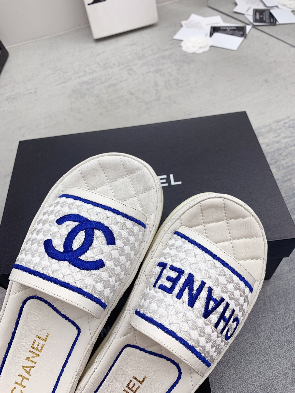 CC 26s Mules White Blue Fabric Lambskin 160067