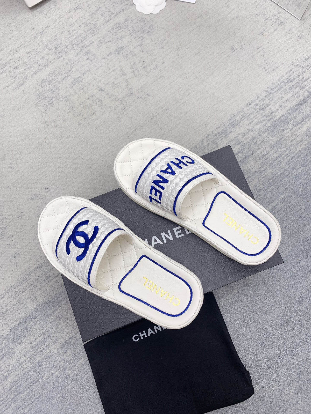 CC 26s Mules White Blue Fabric Lambskin 160067