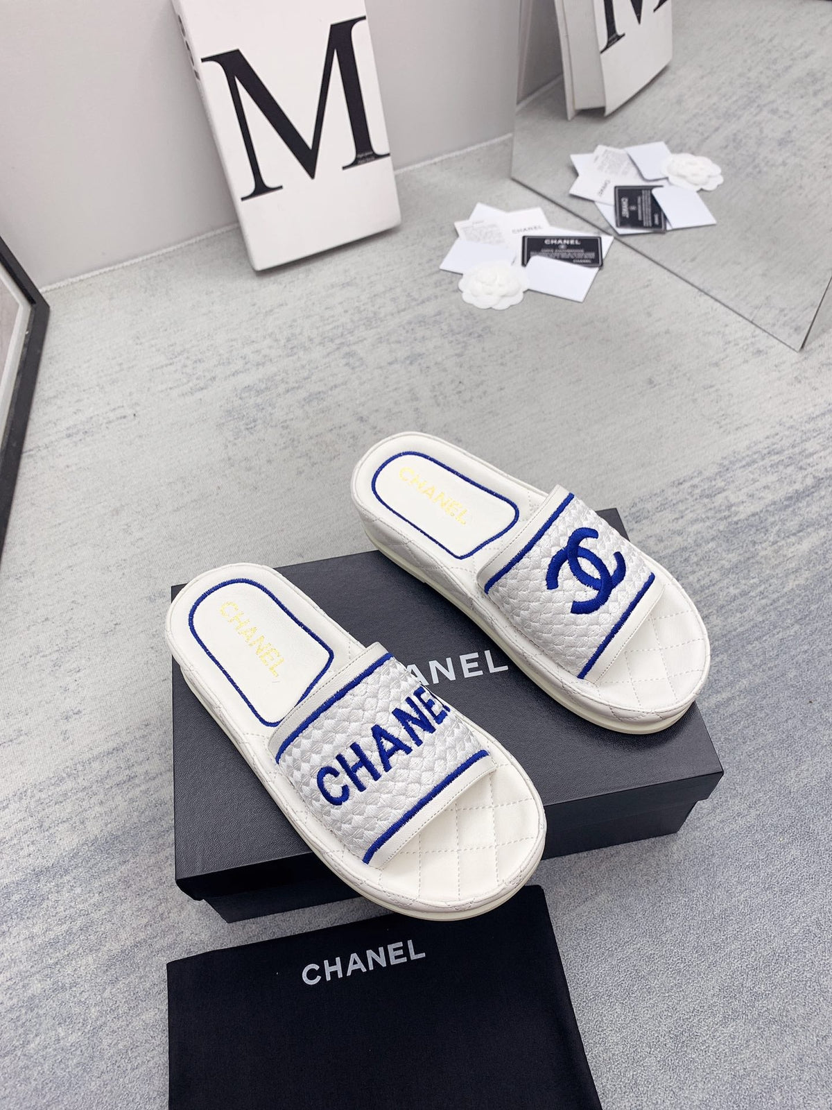CC 26s Mules White Blue Fabric Lambskin 160067