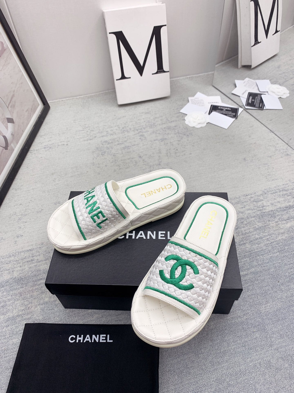 CC 26s Mules White Green Fabric Lambskin 160069