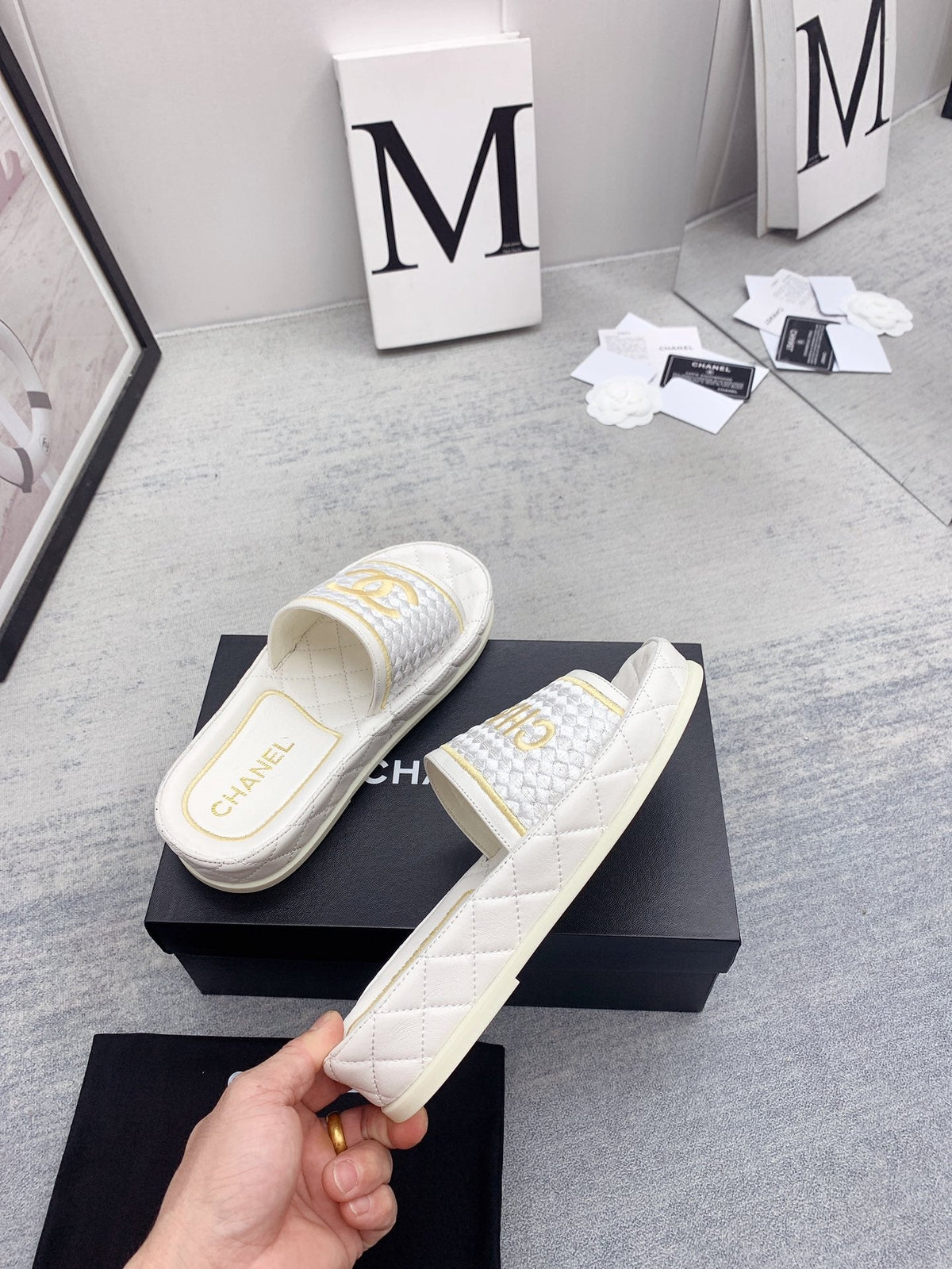 CC 26s Mules White Gold Fabric Lambskin 160068