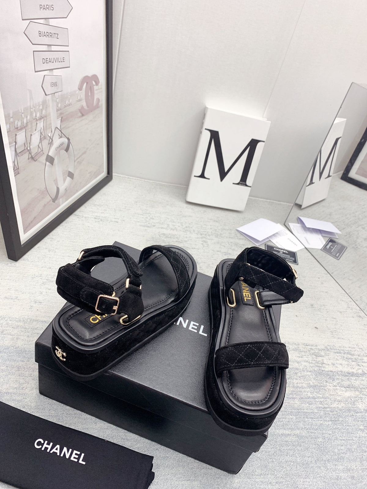 CC 26s Platform Sandals Black Quilted Suede Leather 160084