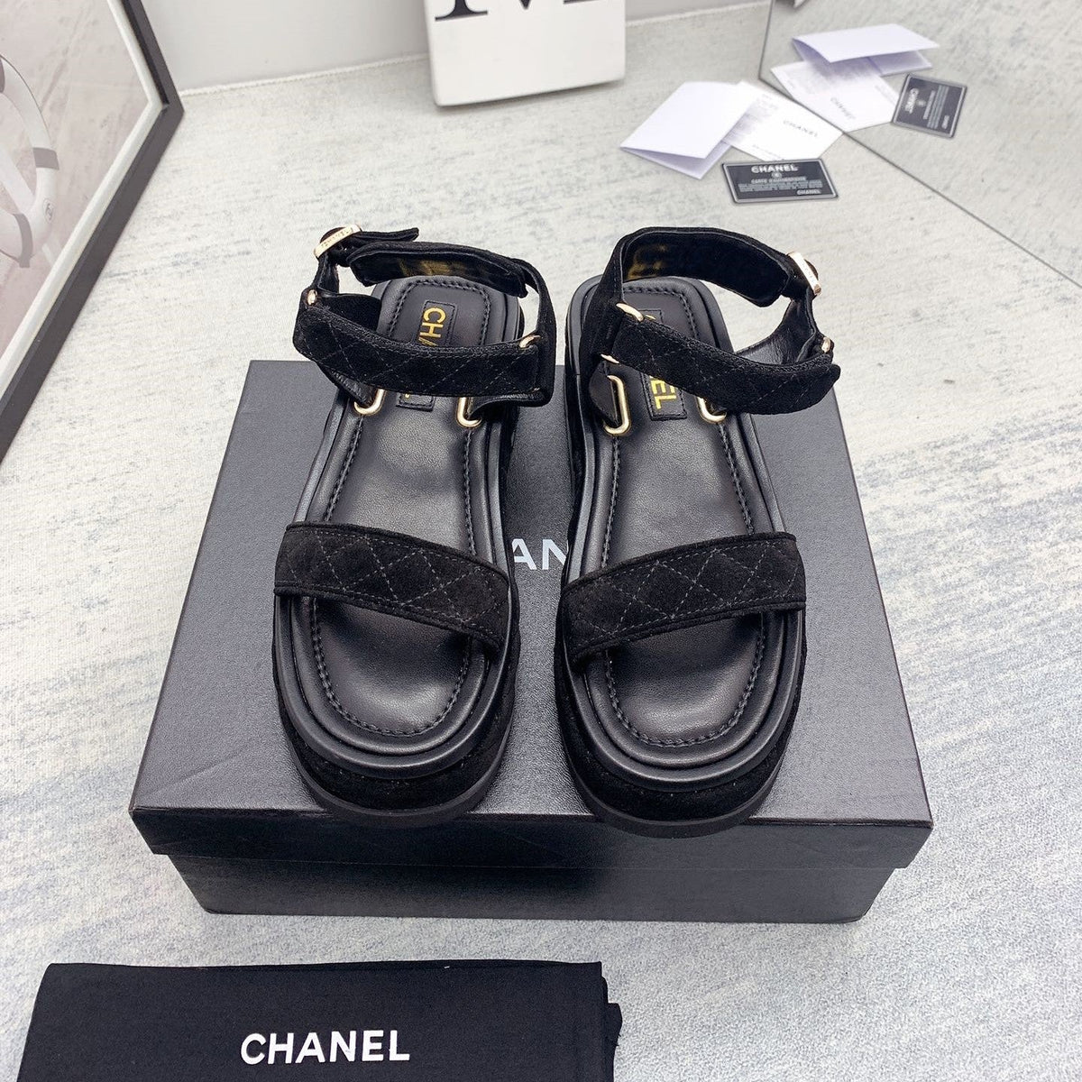 CC 26s Platform Sandals Black Quilted Suede Leather 160084