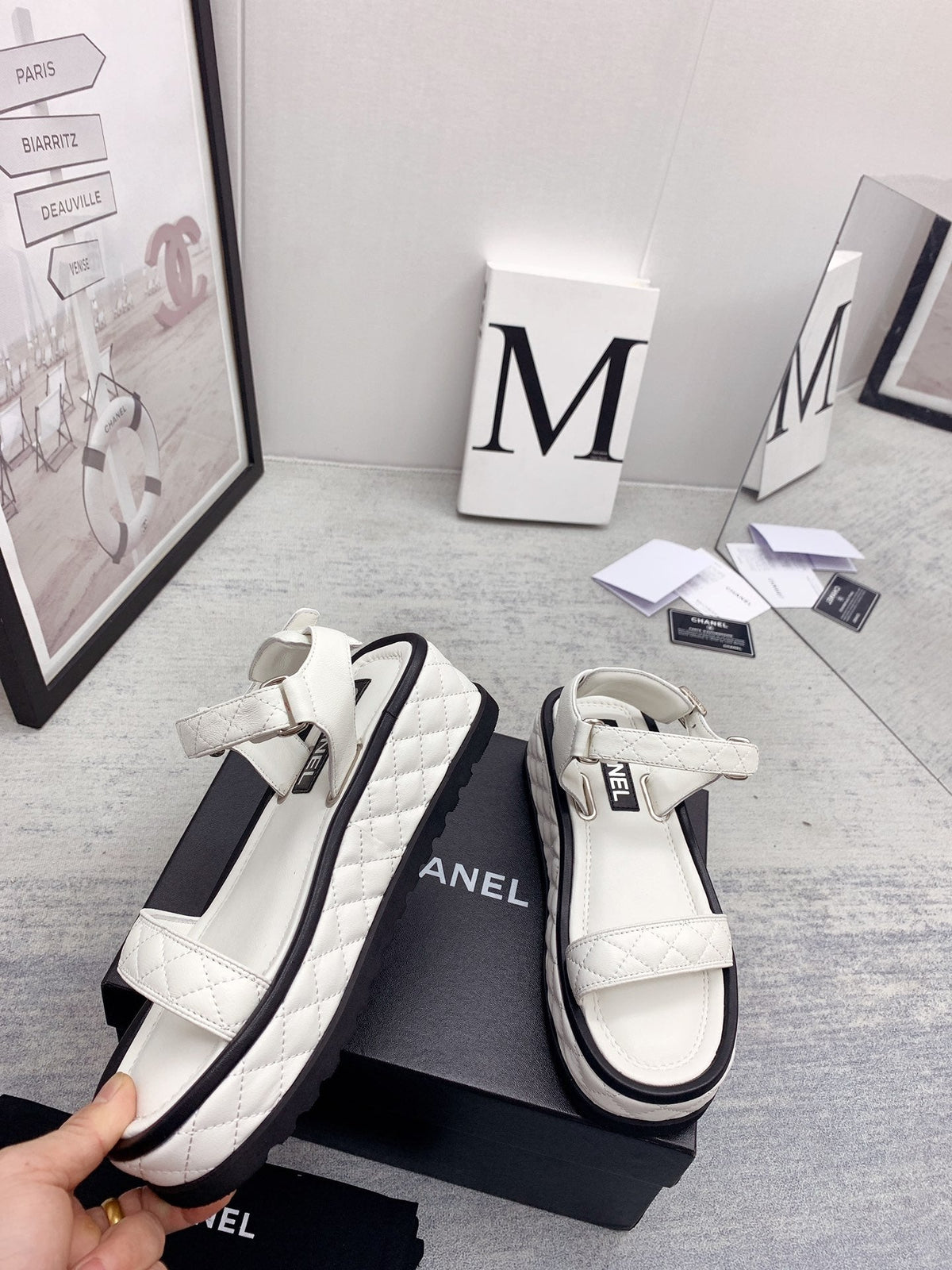 CC 26s Platform Sandals White Black Quilted Lambskin 160085
