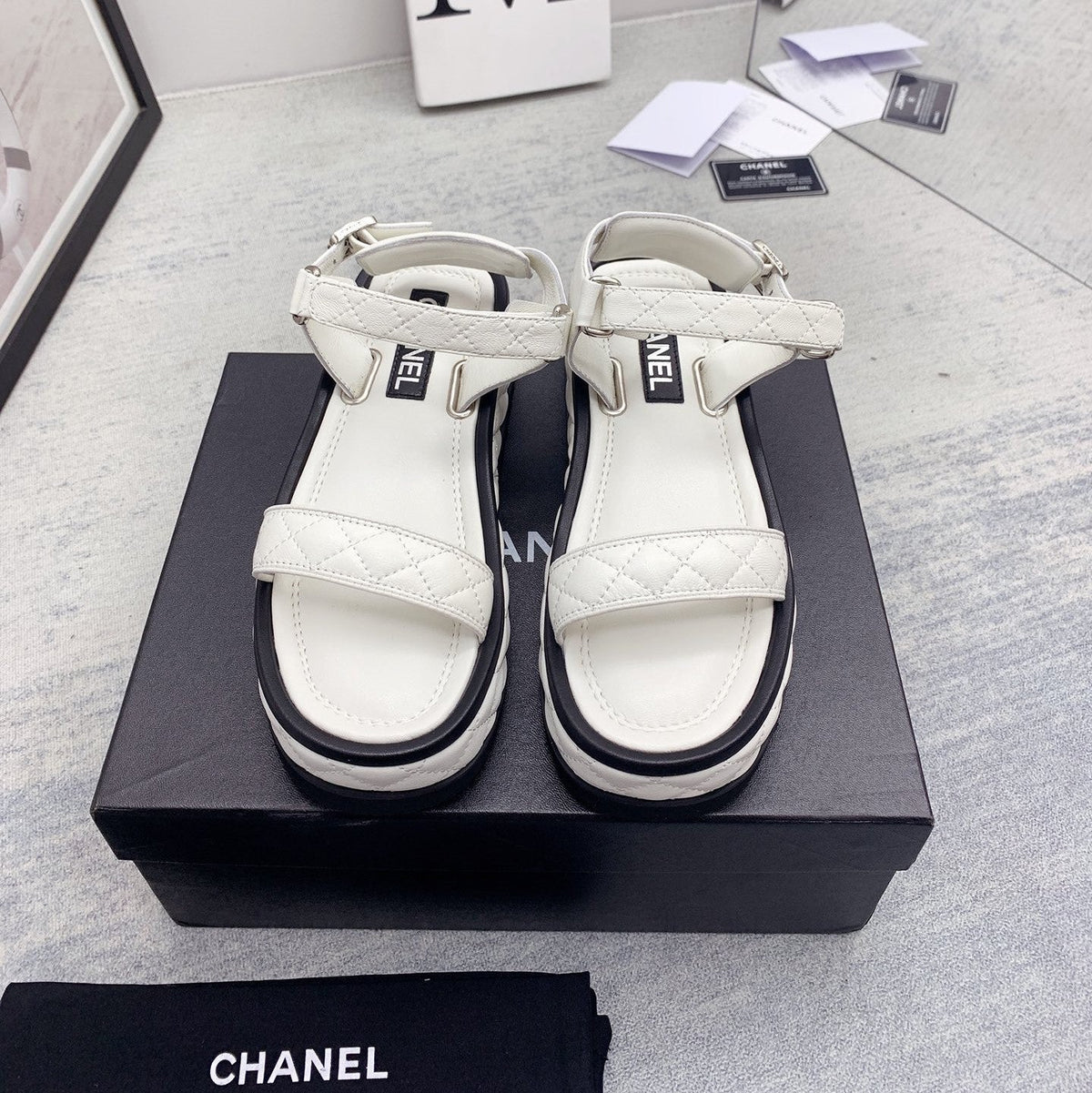 CC 26s Platform Sandals White Black Quilted Lambskin 160085