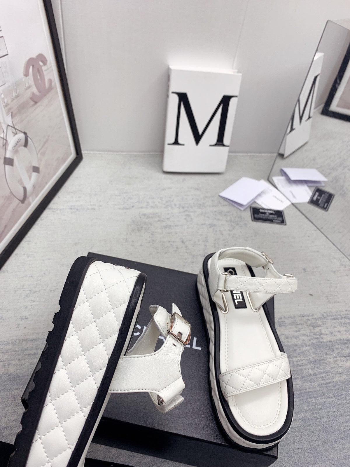 CC 26s Platform Sandals White Black Quilted Lambskin 160085