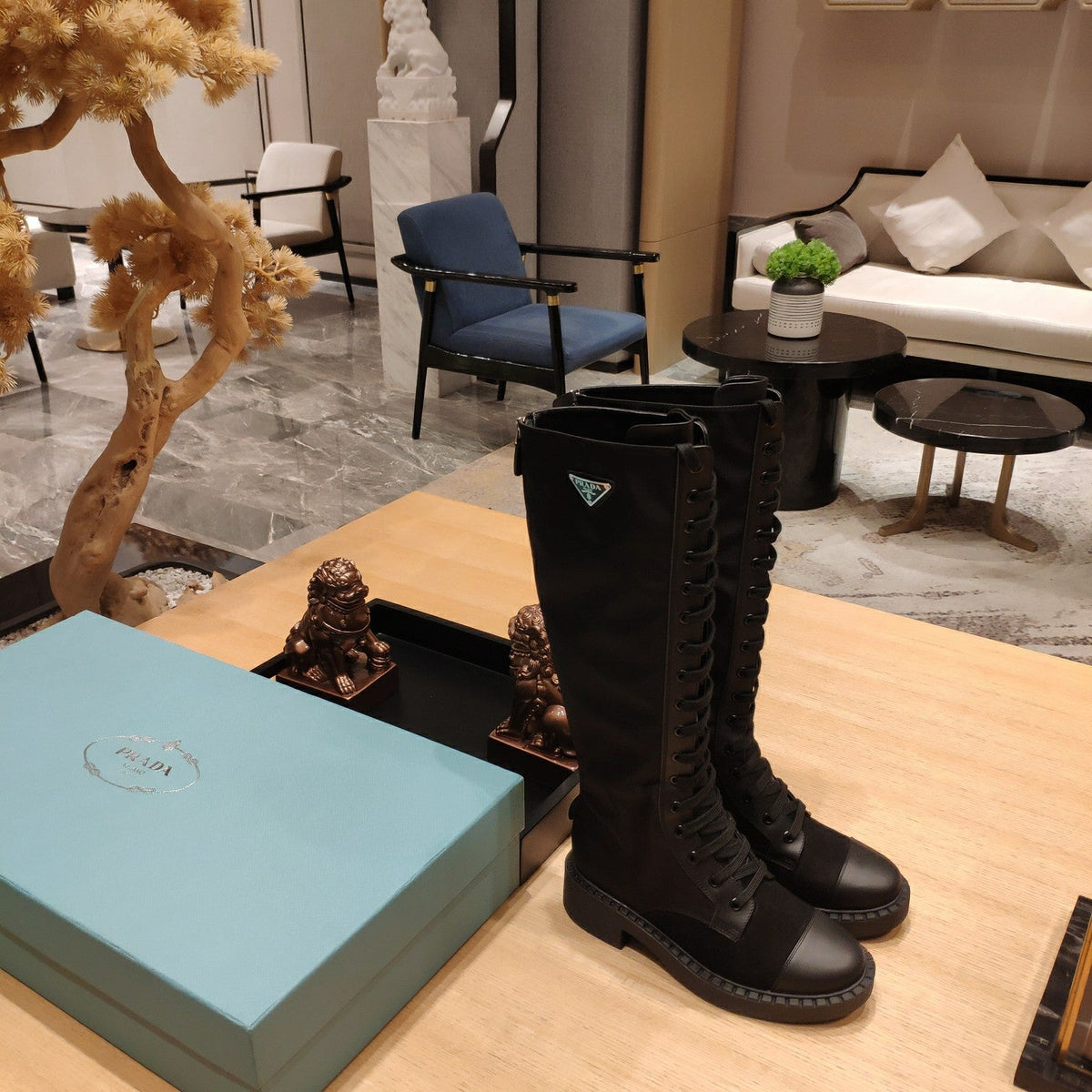 Prada 26s Combat Triangle Logo Knee-High Boots 5.5cm Black Nylon Leather 109447