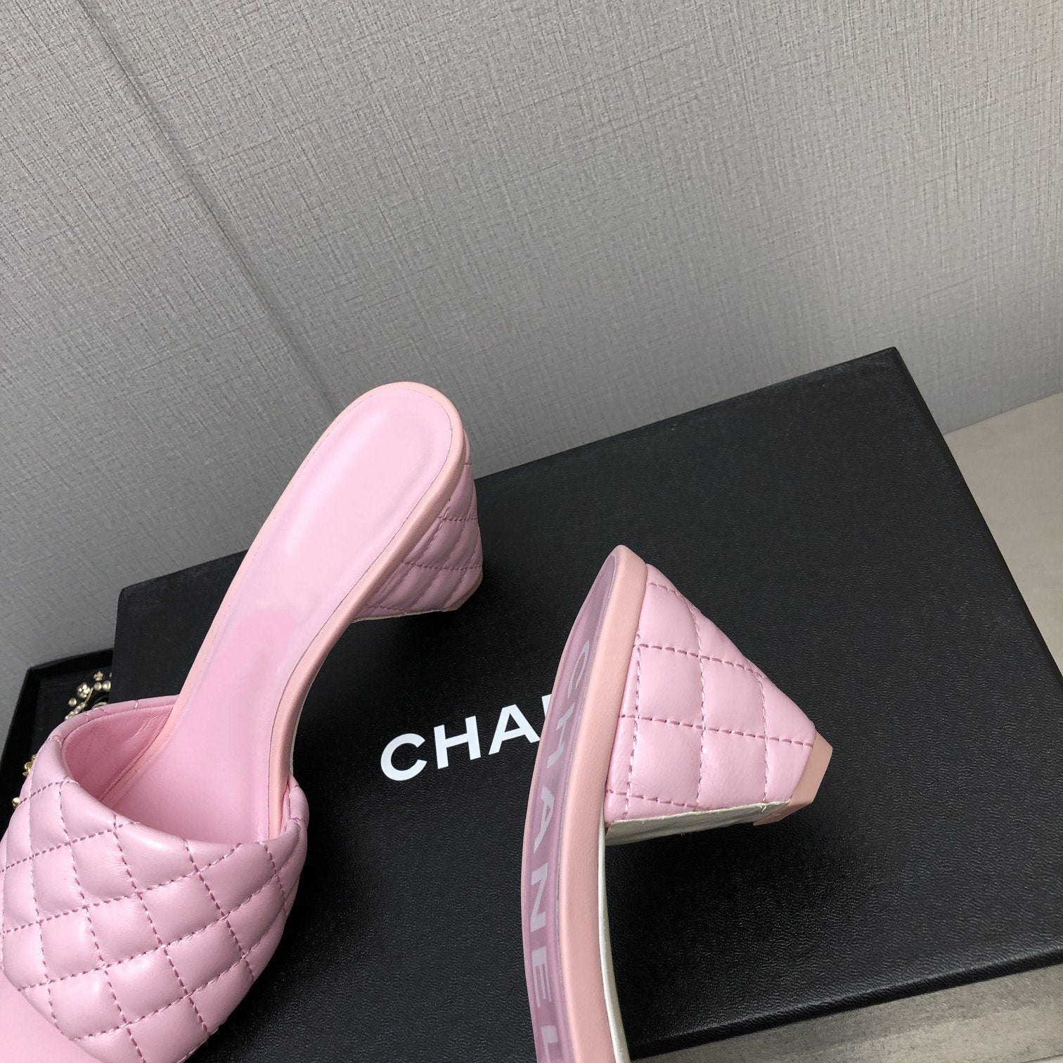 cc rev cone heel mule slide sandal pink quilted lambskin 6cm