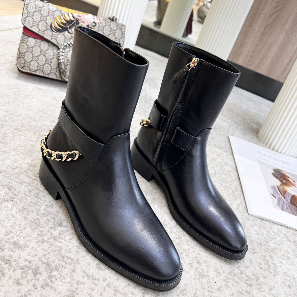 Chanel Calfskin Chain Ankle Boots 3cm Black Leather 168211