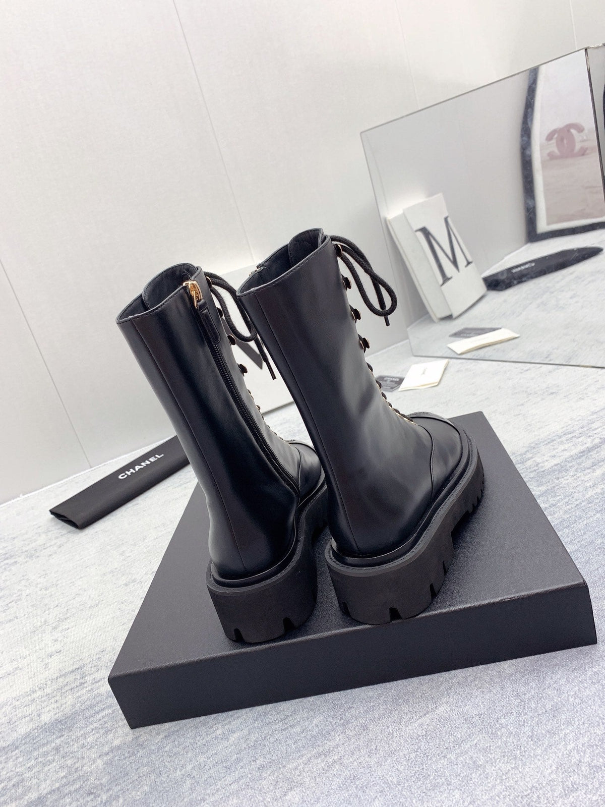 CC 26s Lace Up Combat Boots Black Calfskin Patent Leather 160086