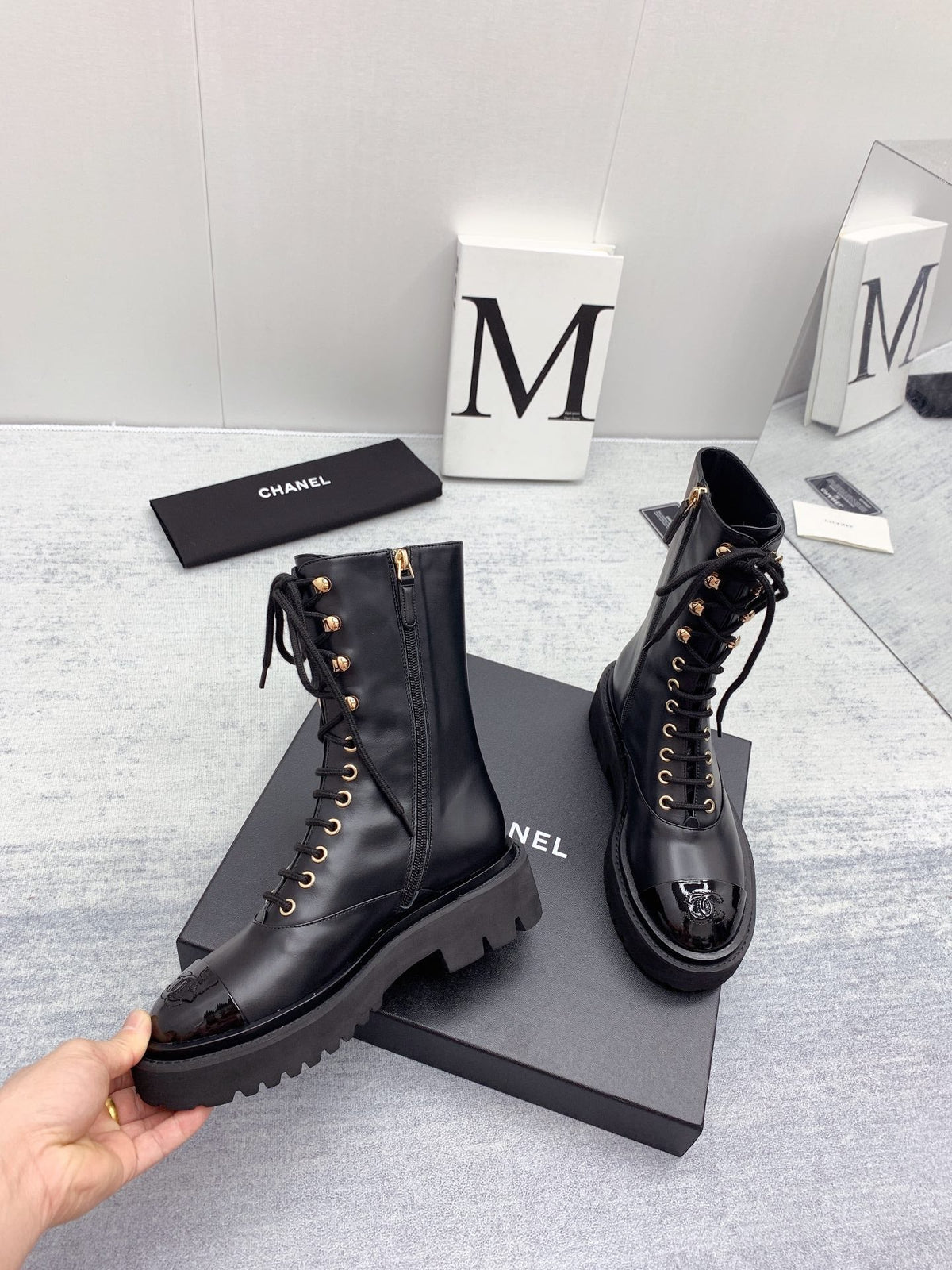 CC 26s Lace Up Combat Boots Black Calfskin Patent Leather 160086