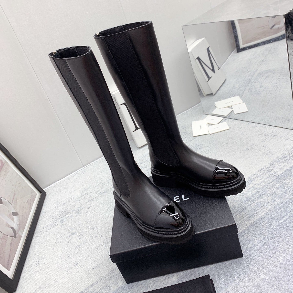 CC 26s Knee High Chelsea Boots Black Calfskin Patent Leather 160112