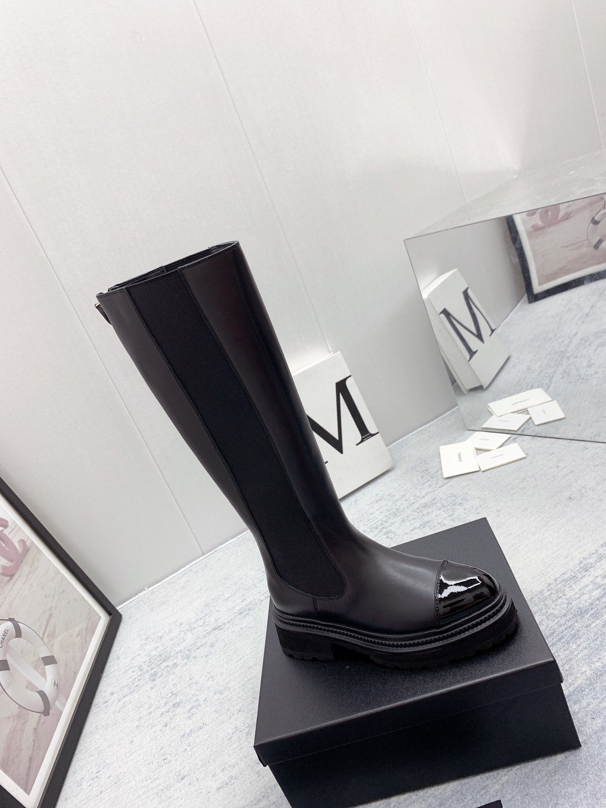 CC 26s Knee High Chelsea Boots Black Calfskin Patent Leather 160112