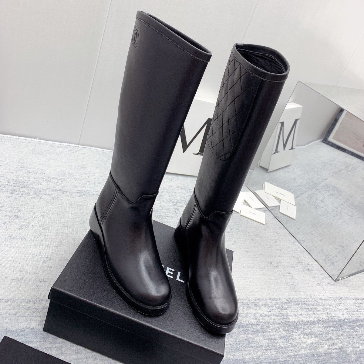 CC 26s Knee High Boots Black Quilted Calfskin 160114