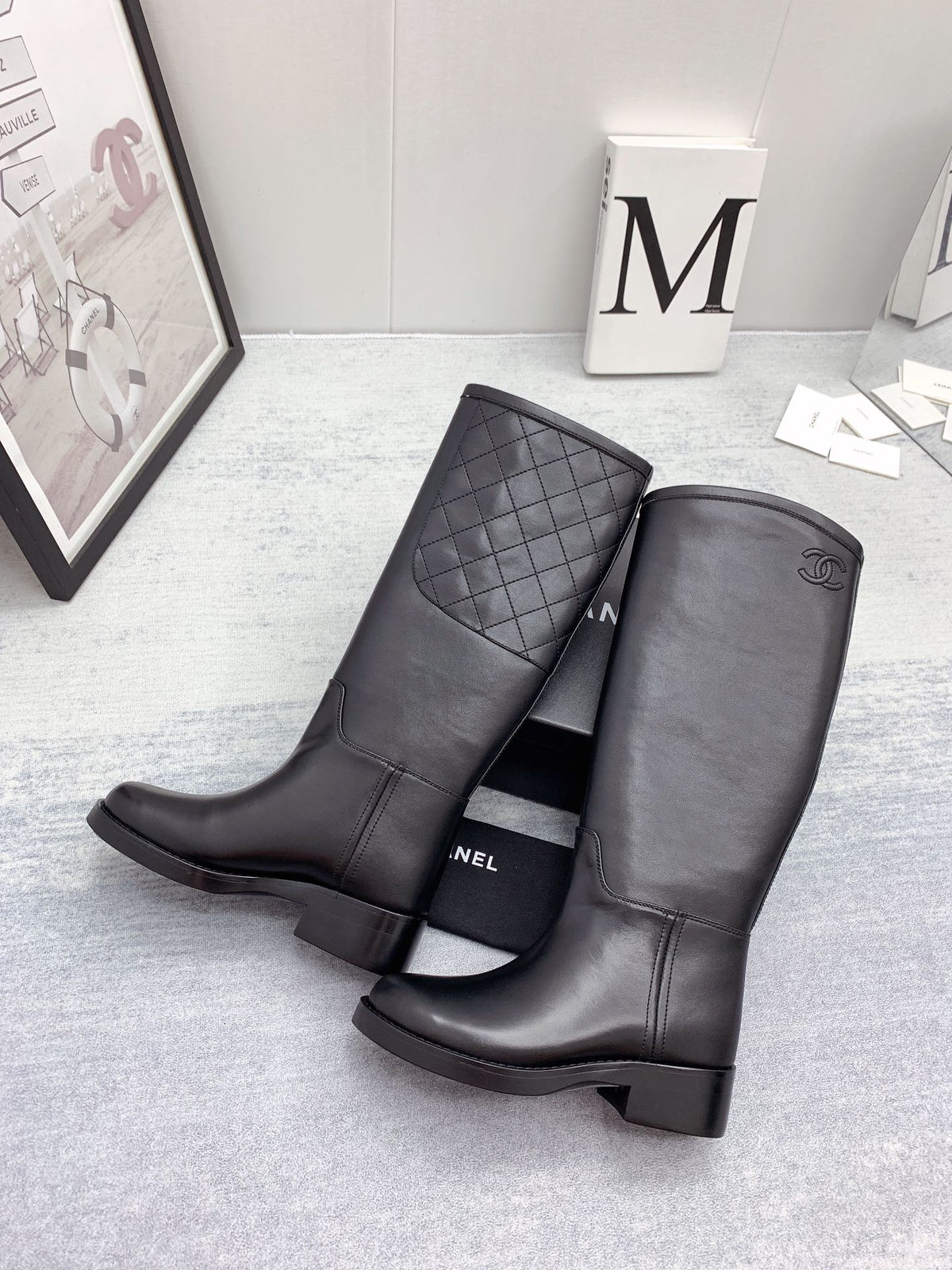 CC 26s Knee High Boots Black Quilted Calfskin 160114