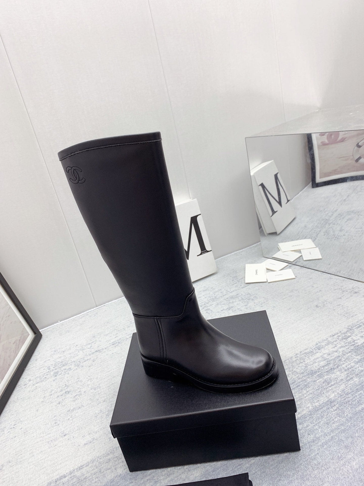 CC 26s Knee High Boots Black Quilted Calfskin 160114