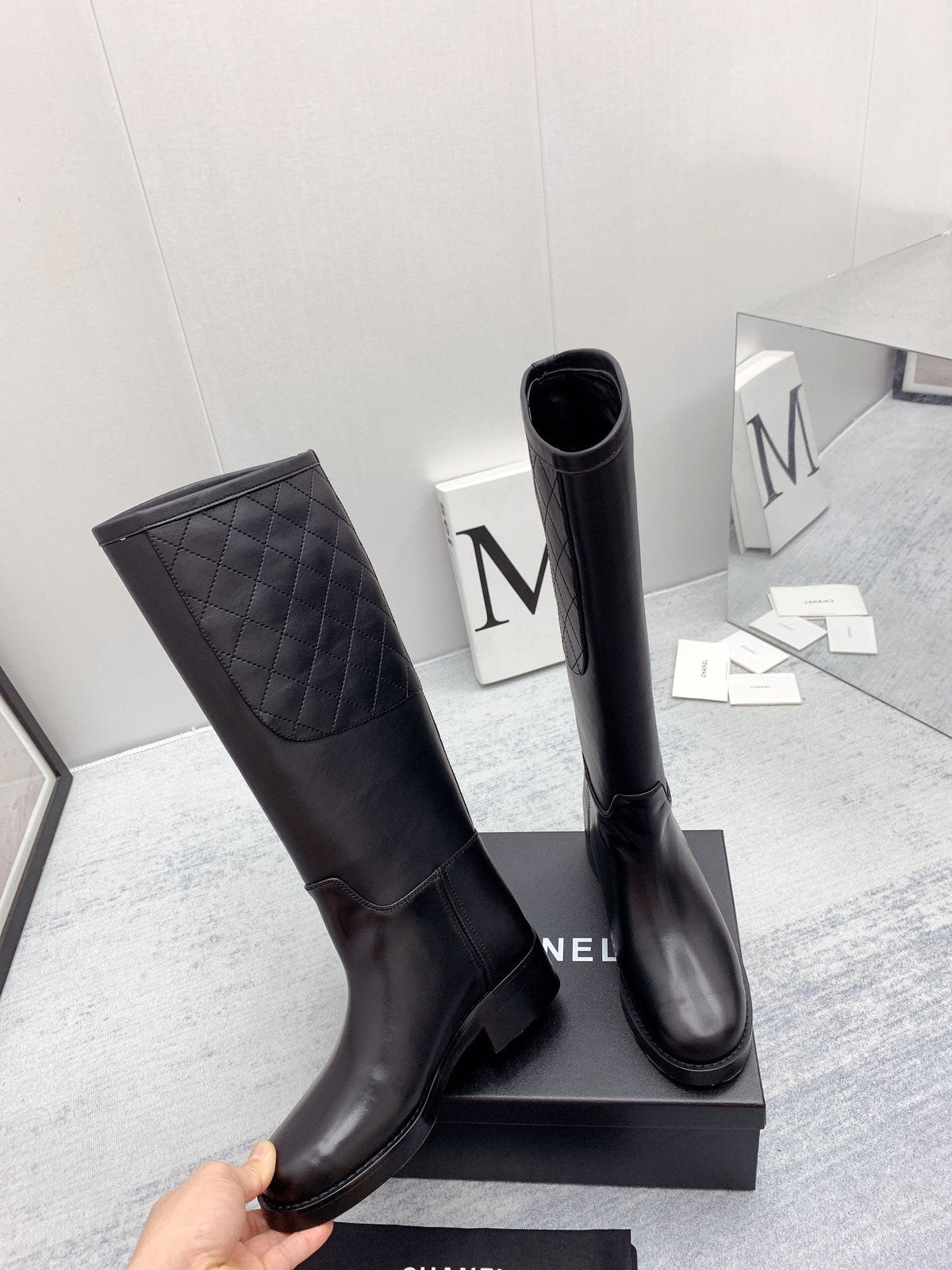 CC 26s Knee High Boots Black Quilted Calfskin 160114