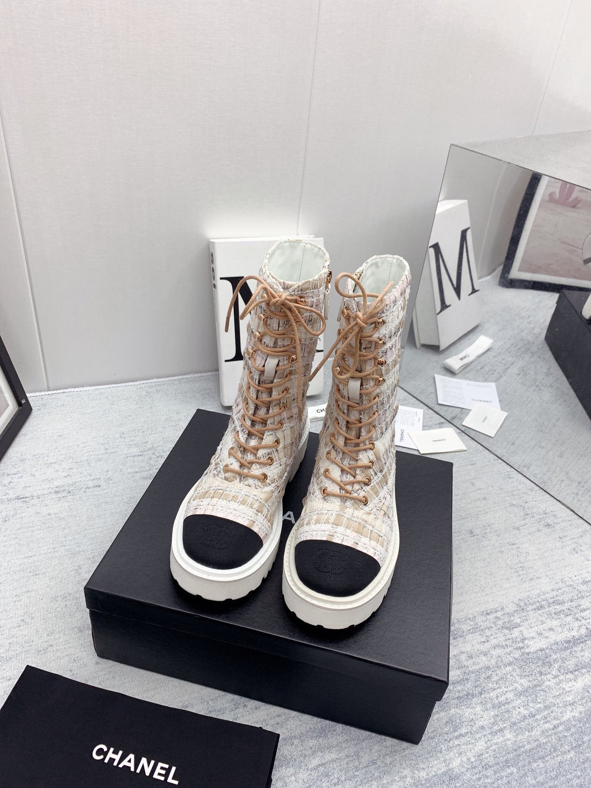 CC 26s Lace Up Combat Boots Beige Black Tweed Grosgrain 160111
