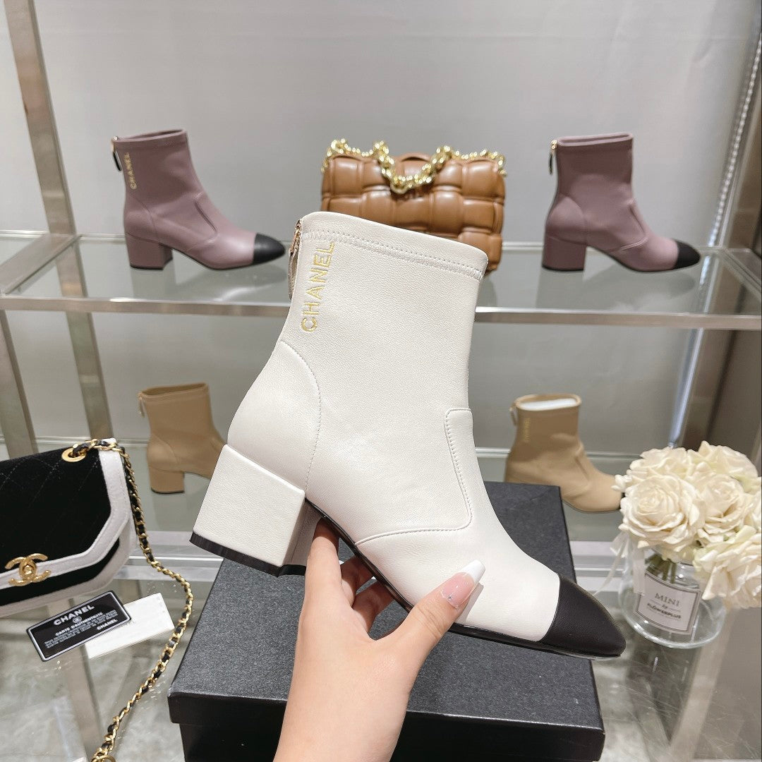 CC 26s Cap-Toe Block-Heel Ankle Boots 5cm White Black Leather 966883