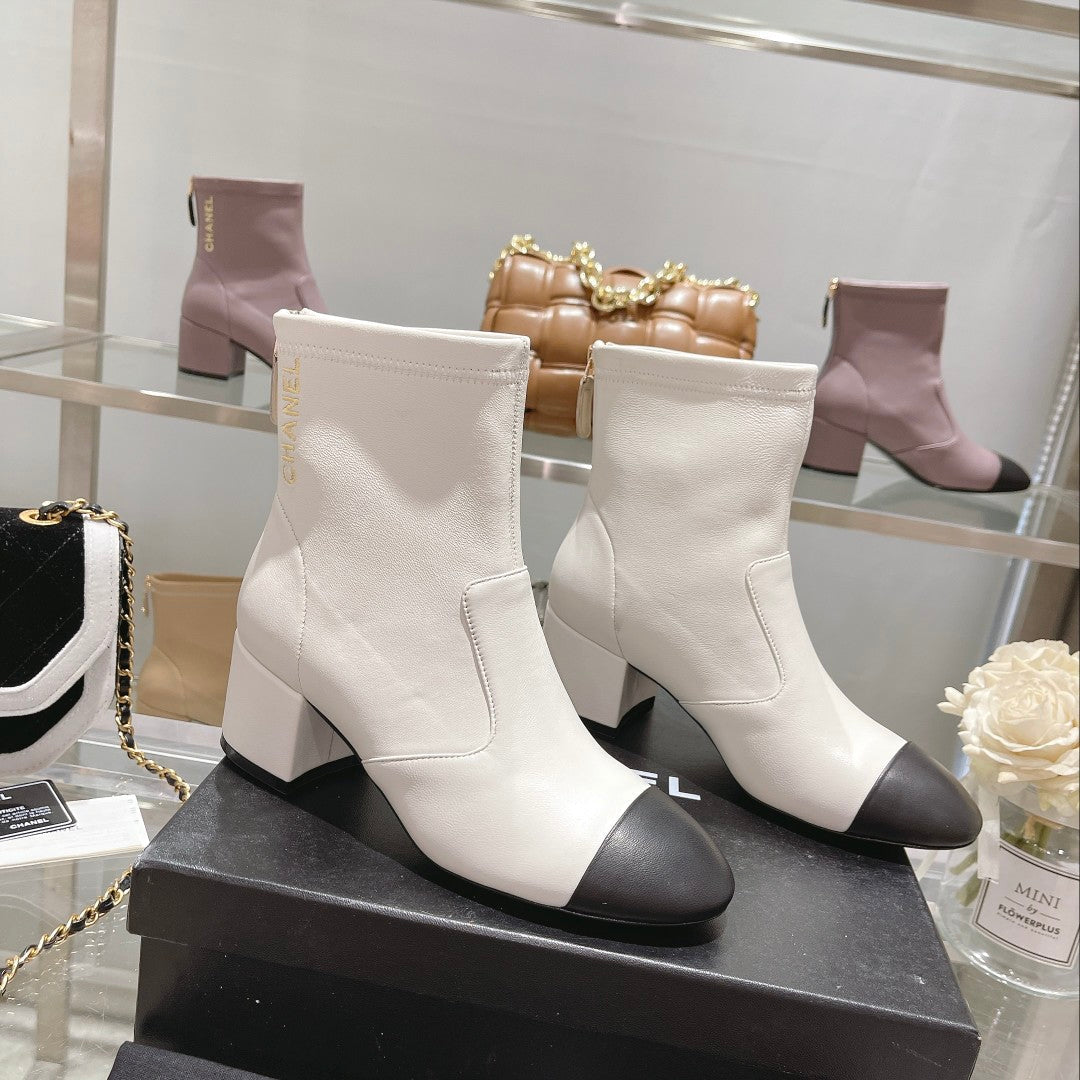 CC 26s Cap-Toe Block-Heel Ankle Boots 5cm White Black Leather 966883