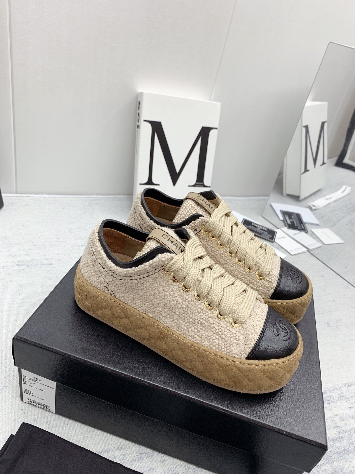 CC 26s Platform Sneakers Beige Black Boucle Calfskin 160118