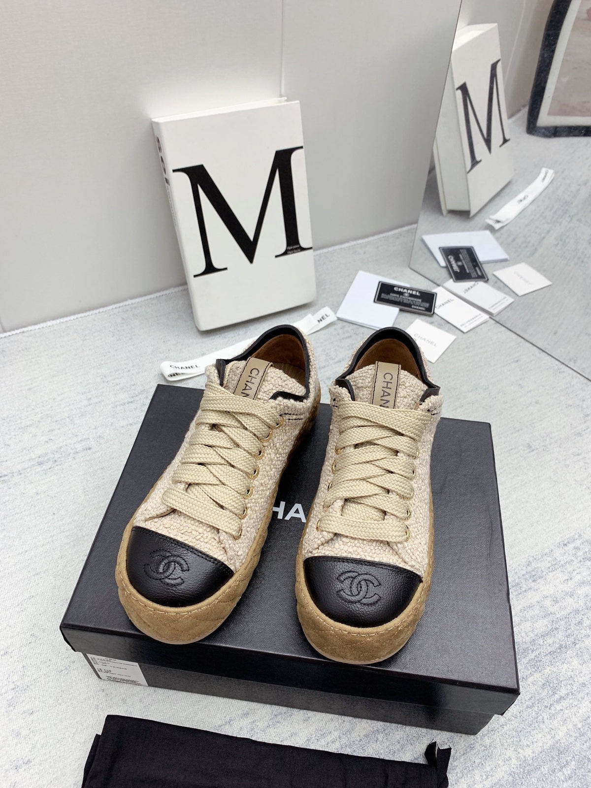 CC 26s Platform Sneakers Beige Black Boucle Calfskin 160118