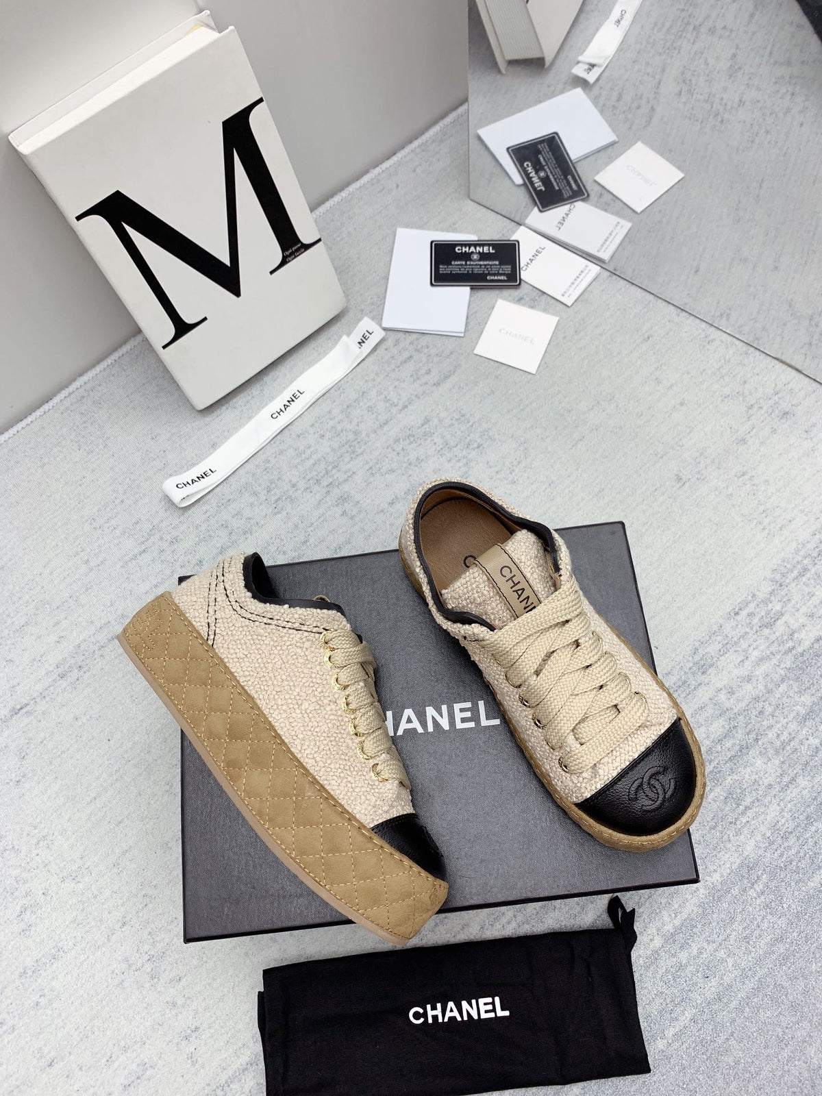 CC 26s Platform Sneakers Beige Black Boucle Calfskin 160118