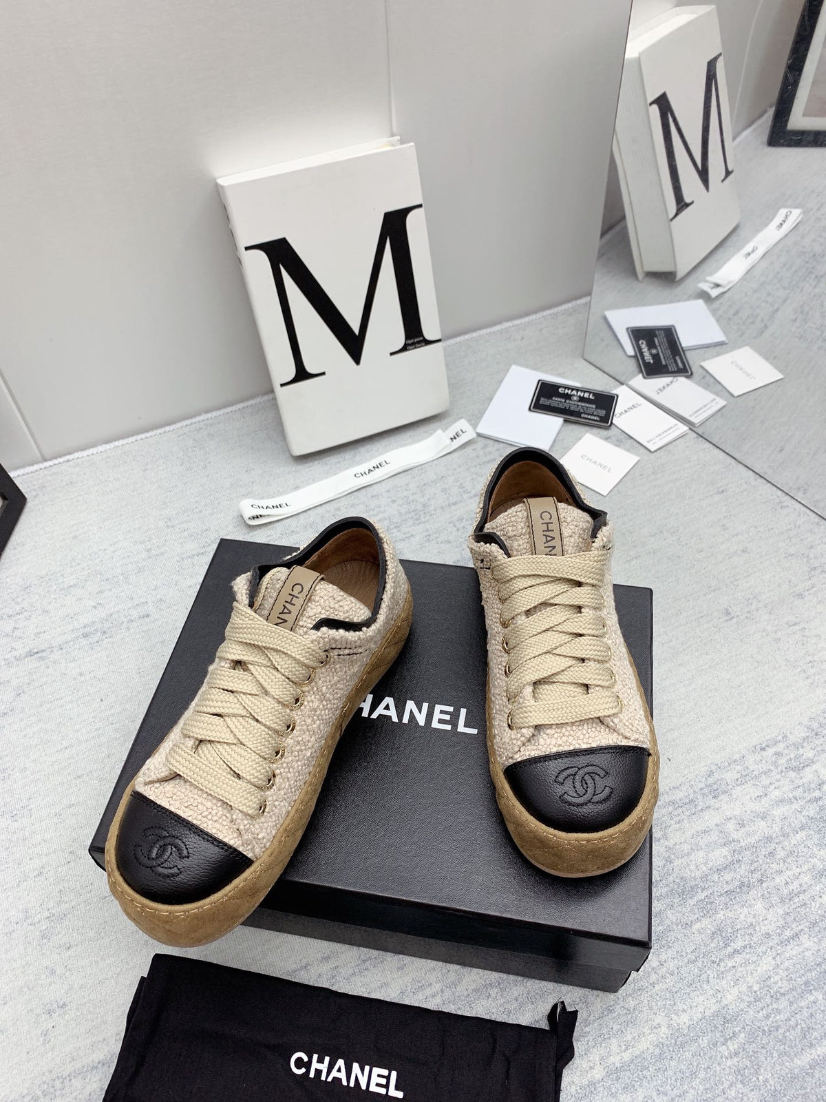 CC 26s Platform Sneakers Beige Black Boucle Calfskin 160118