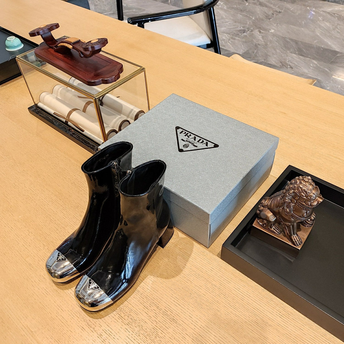 Prada 26s Metallic-Toe Triangle Logo Ankle Boots 5cm Black Patent Leather 109446
