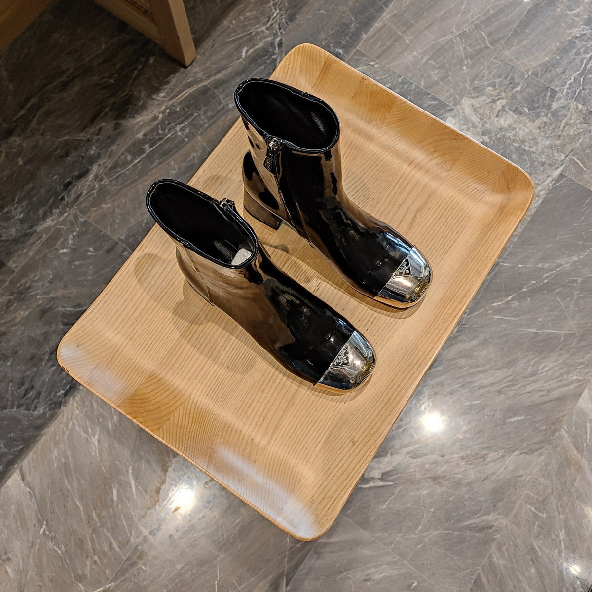Prada 26s Metallic-Toe Triangle Logo Ankle Boots 5cm Black Patent Leather 109446