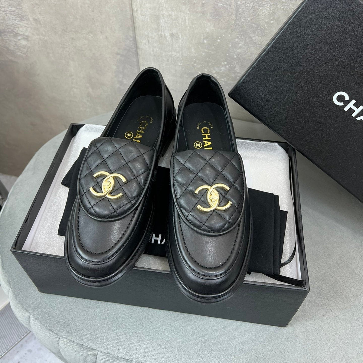 Chanel 26s Loafers In Black Quilted Calfskin With CC Logo