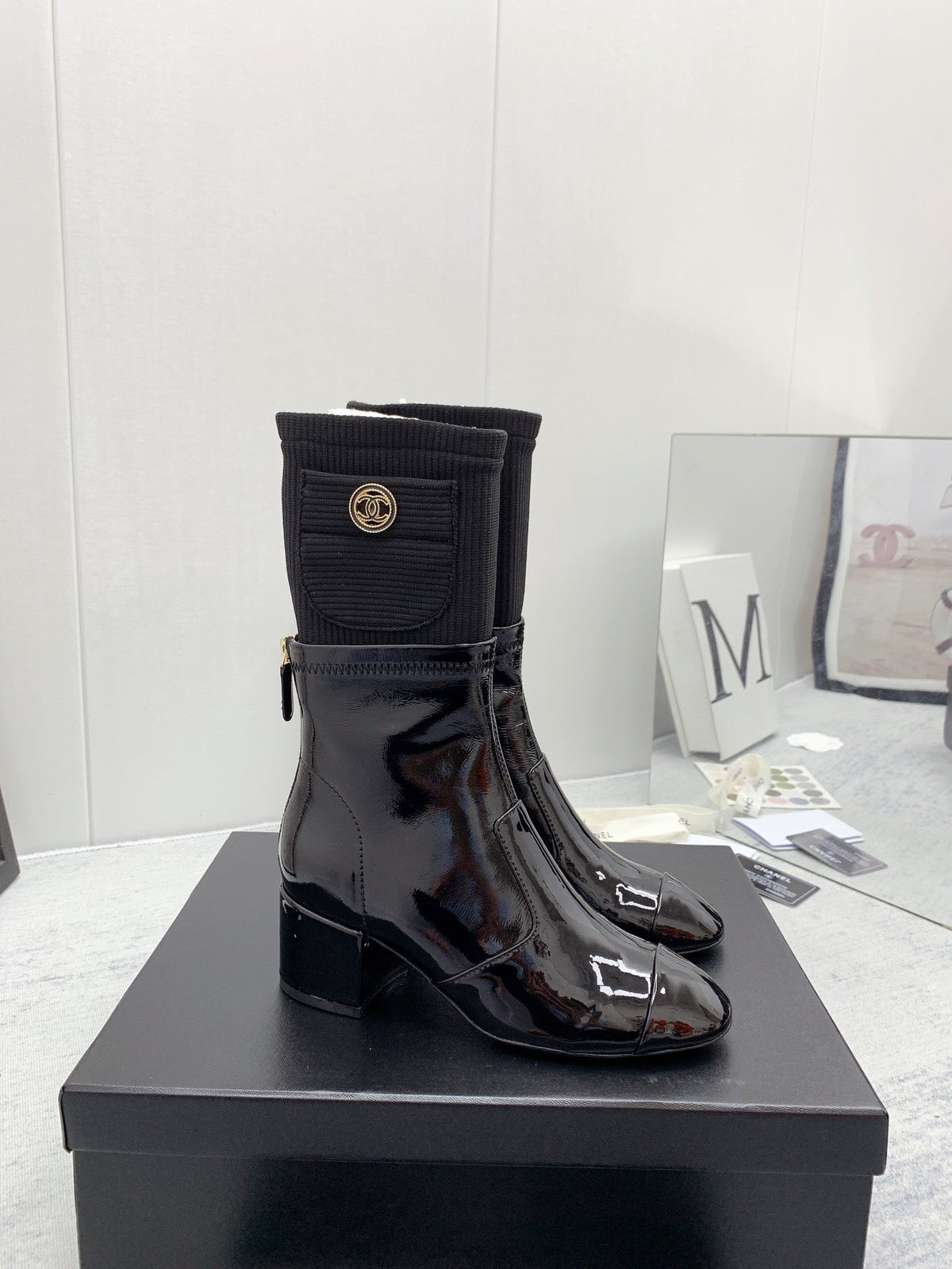 CC 26s Knit Boots Black Patent Leather Knit 160127