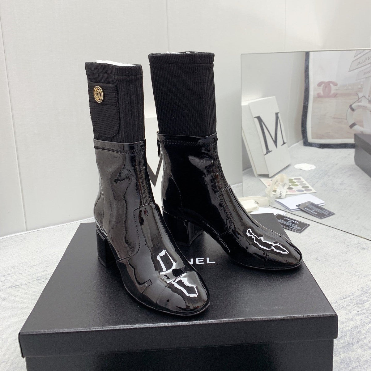 CC 26s Knit Boots Black Patent Leather Knit 160127