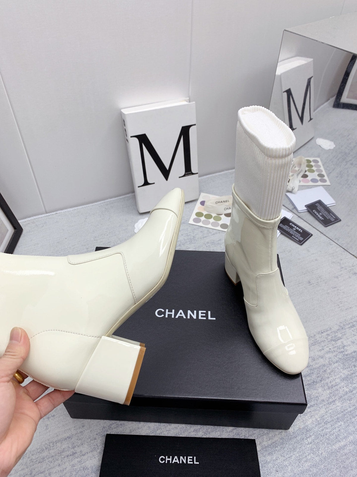 CC 26s Knit Boots Ivory Patent Leather Knit 160128