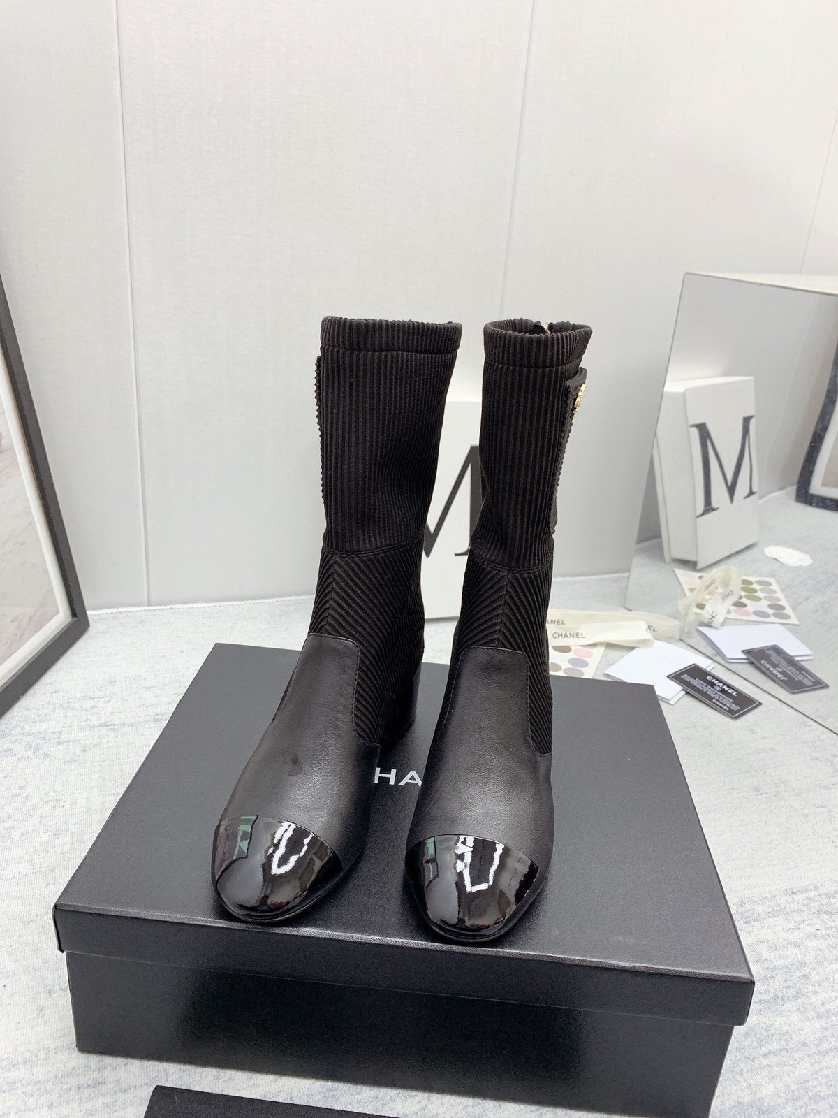 CC 26s Knit Boots Black Calfskin Patent Leather 160132