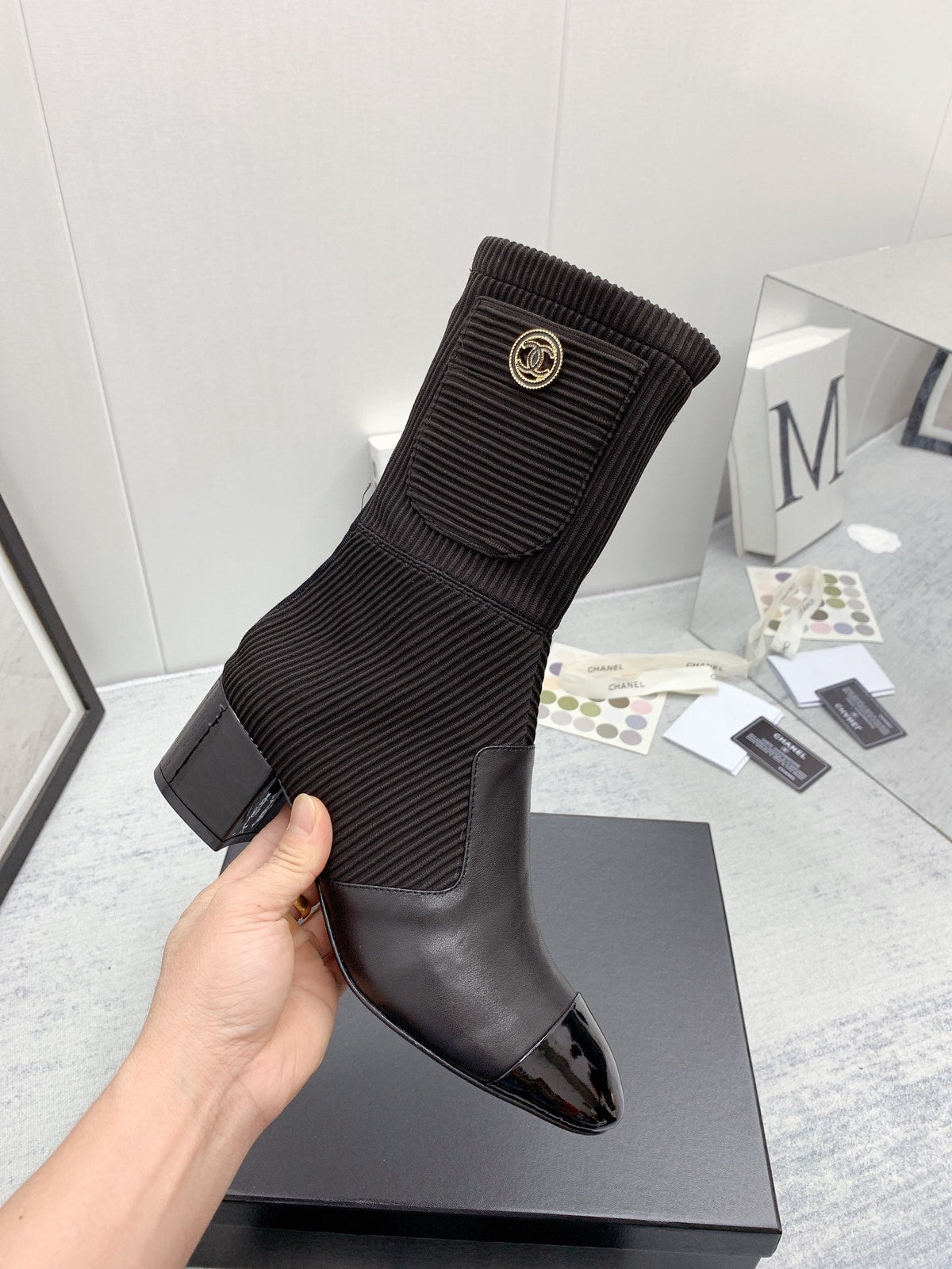 CC 26s Knit Boots Black Calfskin Patent Leather 160132