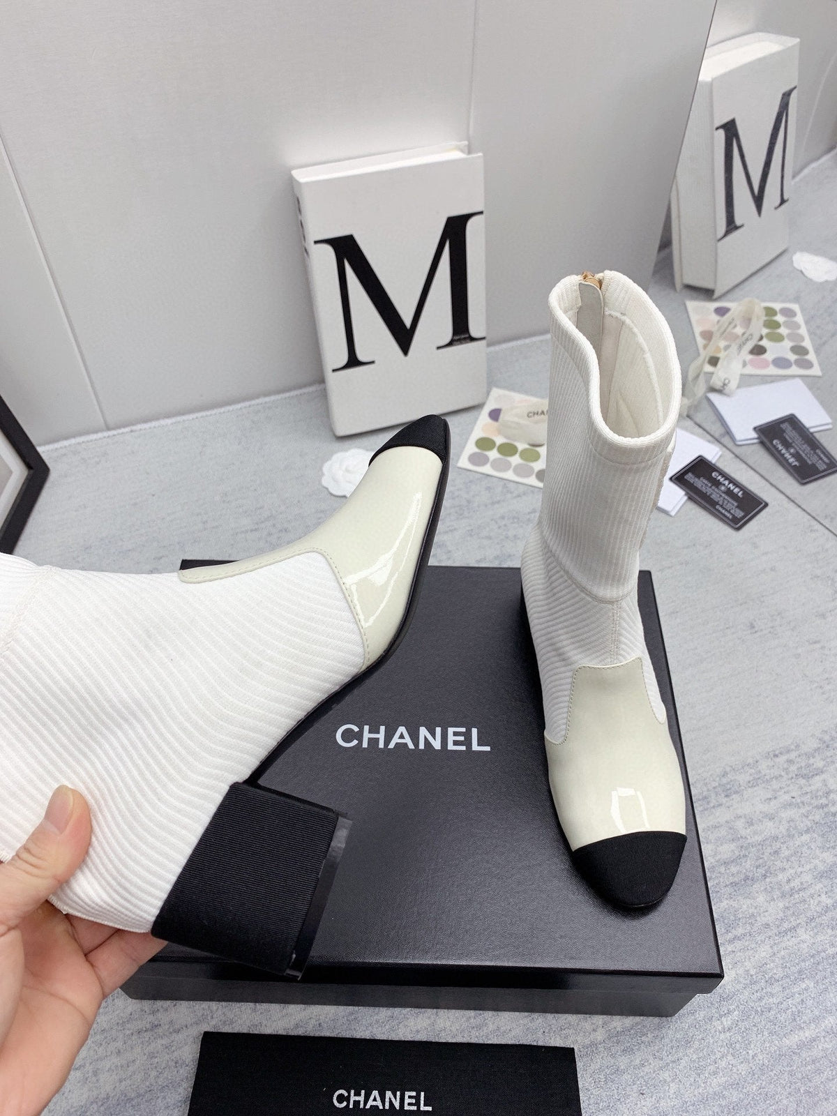 CC 26s Knit Boots Ivory Black Calfskin Patent Leather 160131