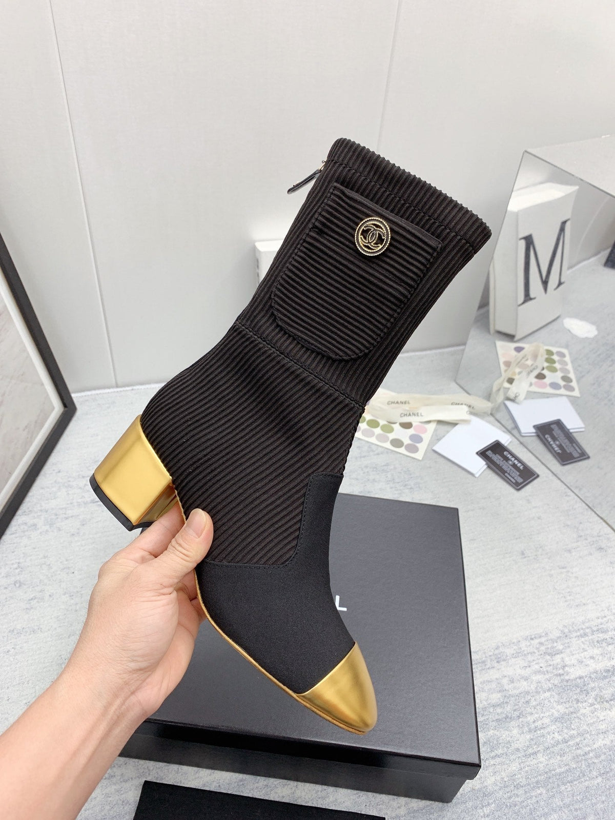 CC 26s Knit Boots Black Silver Calfskin Metallic Leather 160130