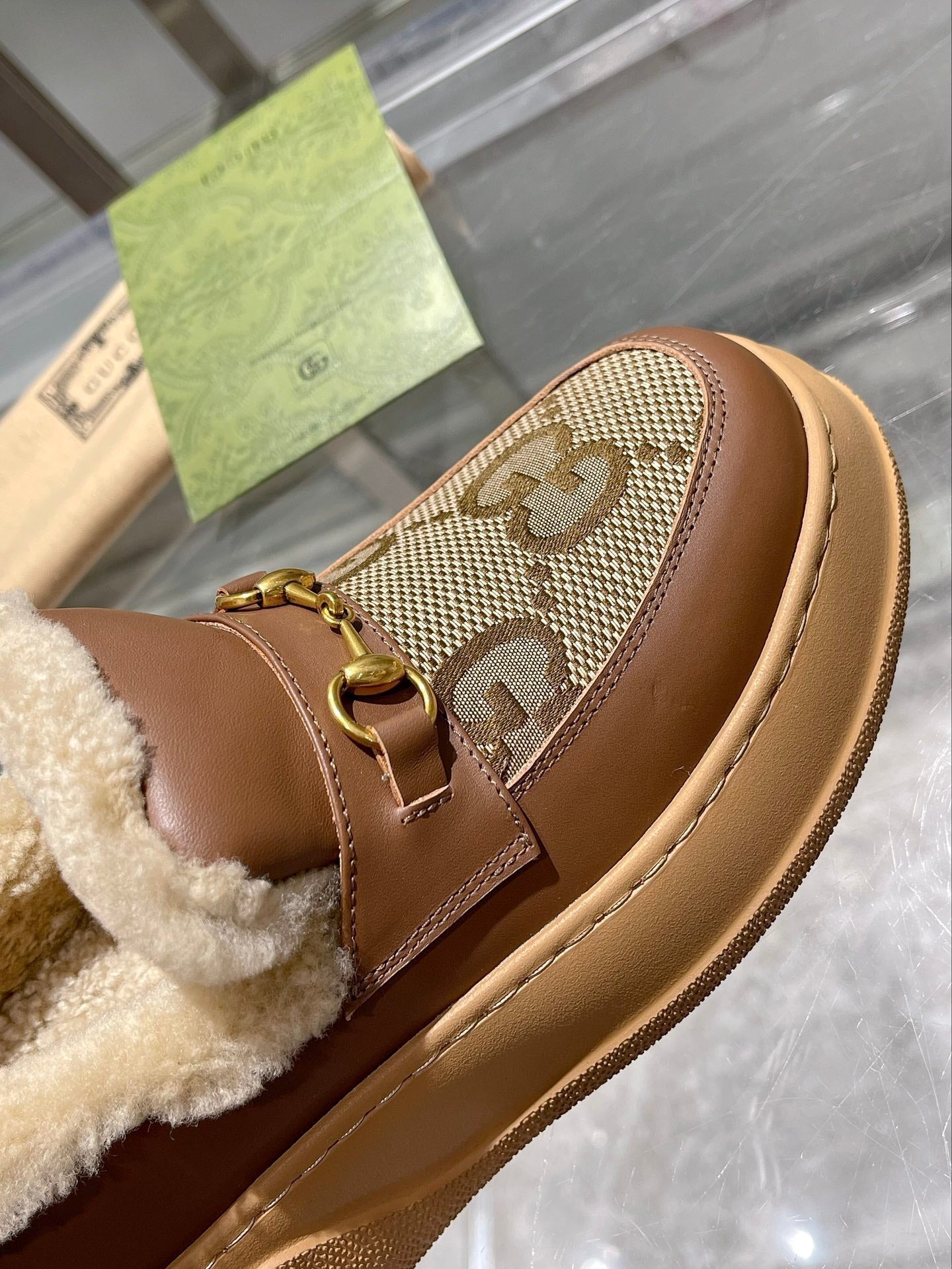 GG Snow Boots Brown Calfskin Denim Wool 576247