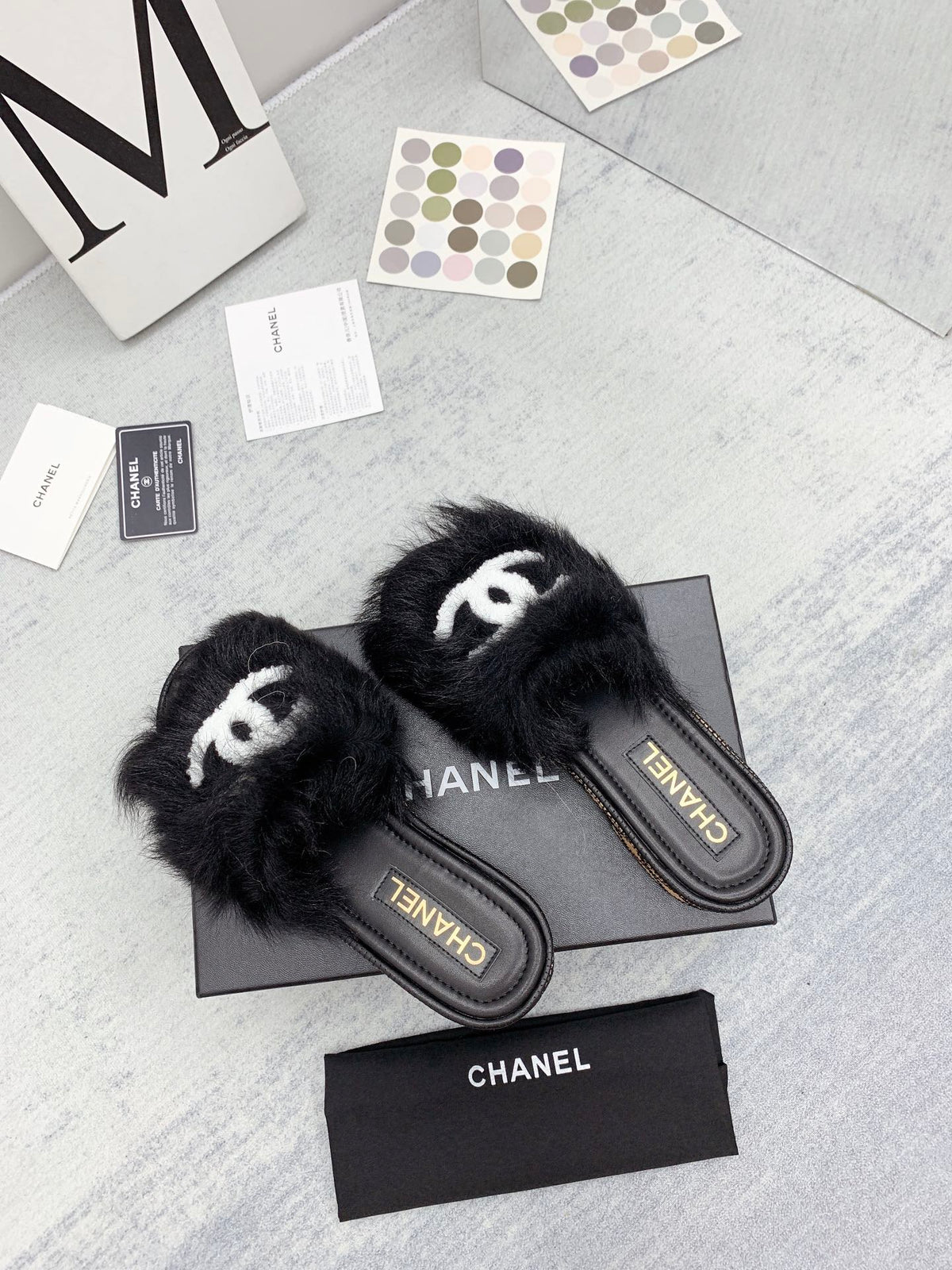 CC 26s Fur Mules Black White Tweed 160133