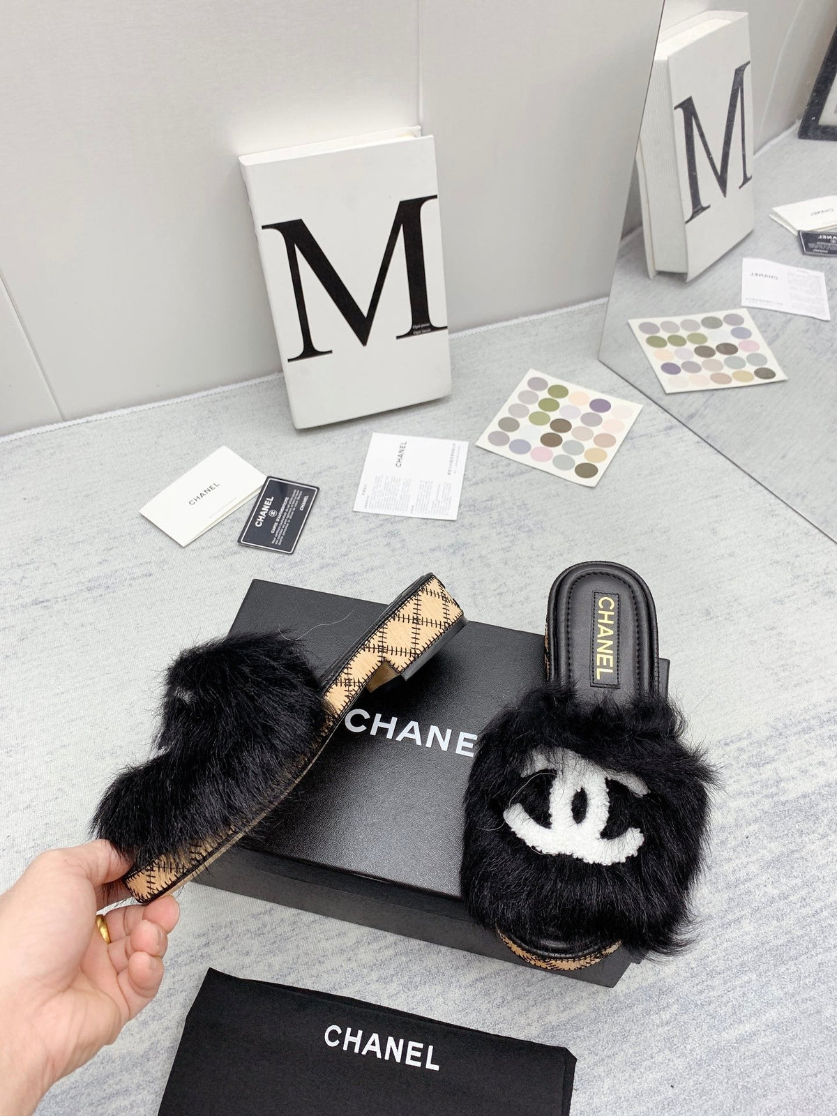 CC 26s Fur Mules Black White Tweed 160133