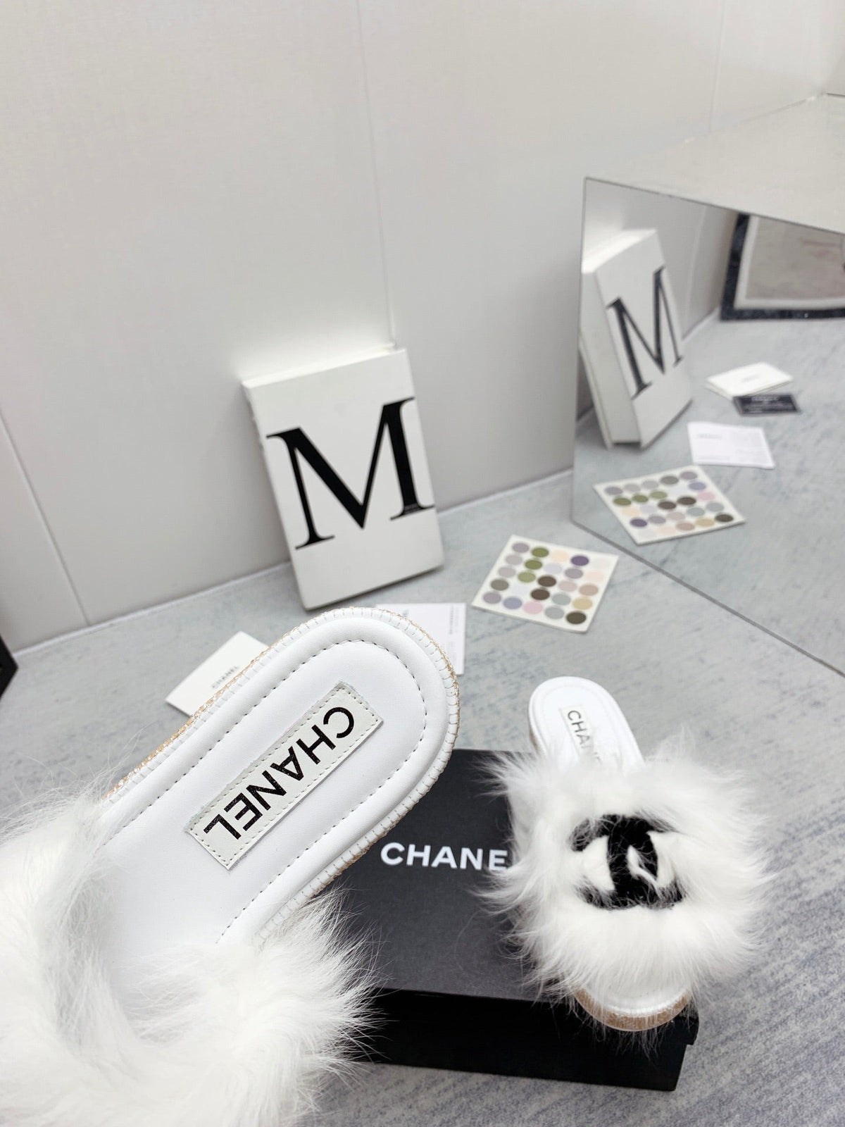 CC 26s Fur Mules White Black Tweed 160134