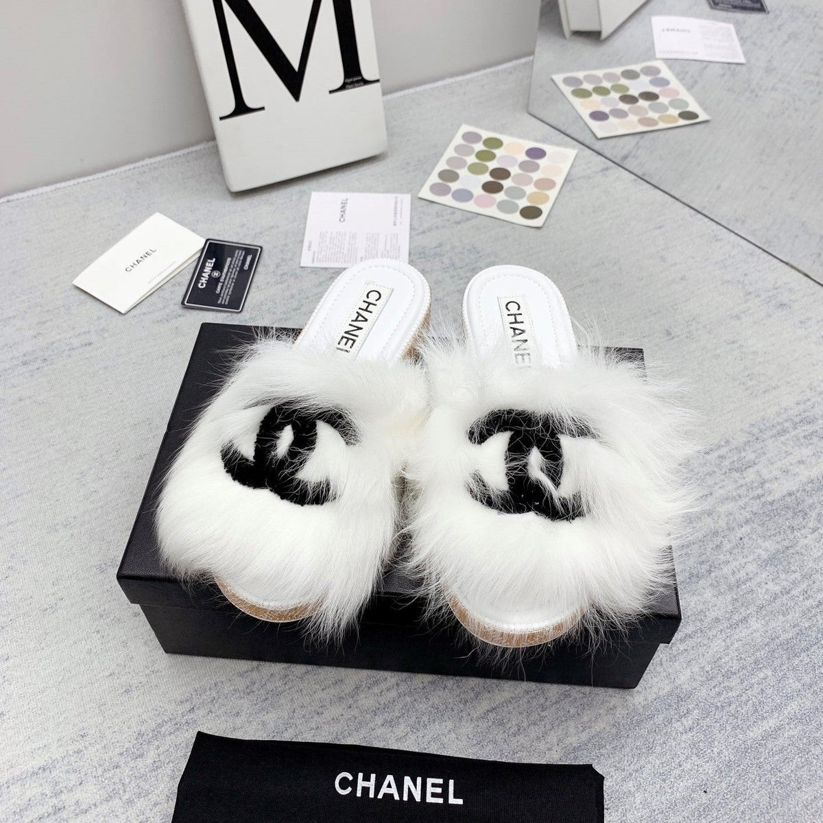 CC 26s Fur Mules White Black Tweed 160134