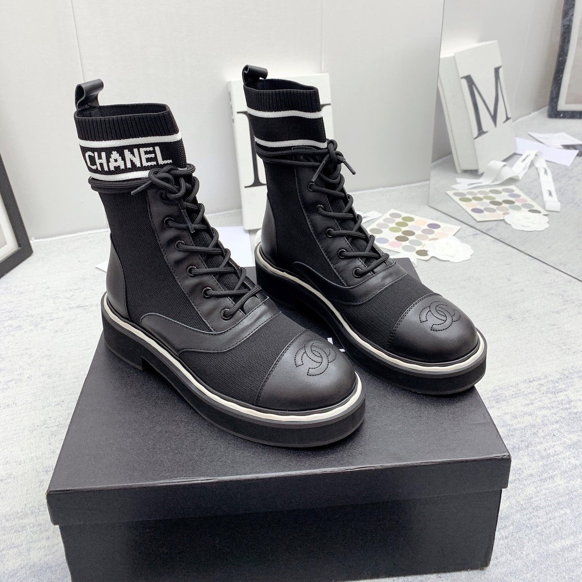 CC 26s Lace Up Combat Boots Black Denim Calfskin 160136