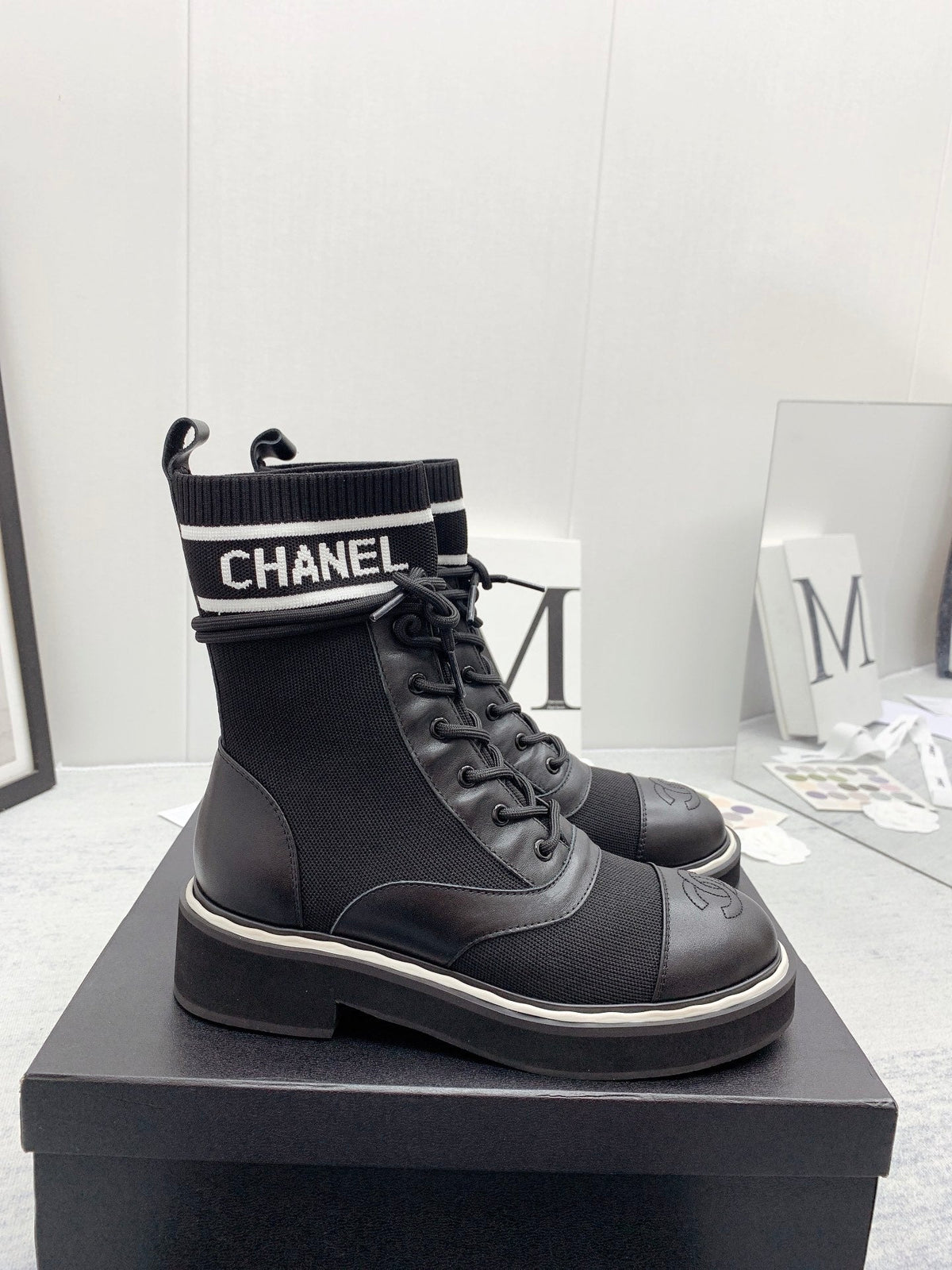 CC 26s Lace Up Combat Boots Black Denim Calfskin 160136