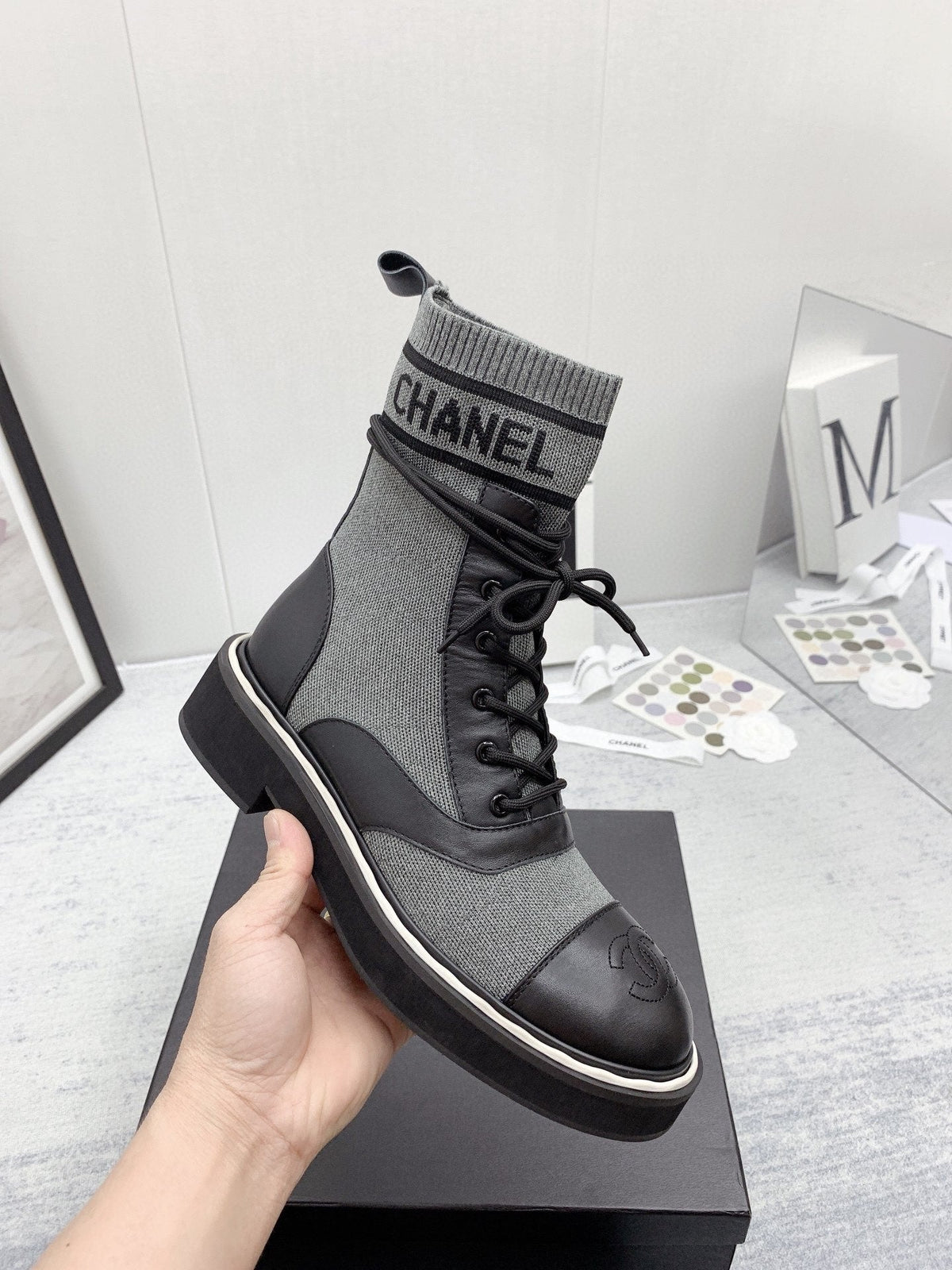 CC 26s Lace Up Combat Boots Grey Black Denim Calfskin 160139