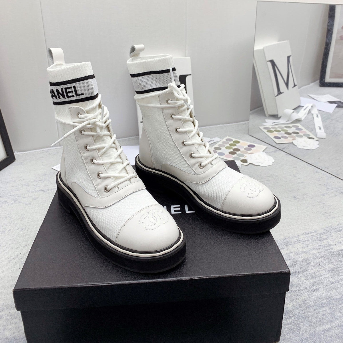 CC 26s Lace Up Combat Boots White Black Denim Calfskin 160135
