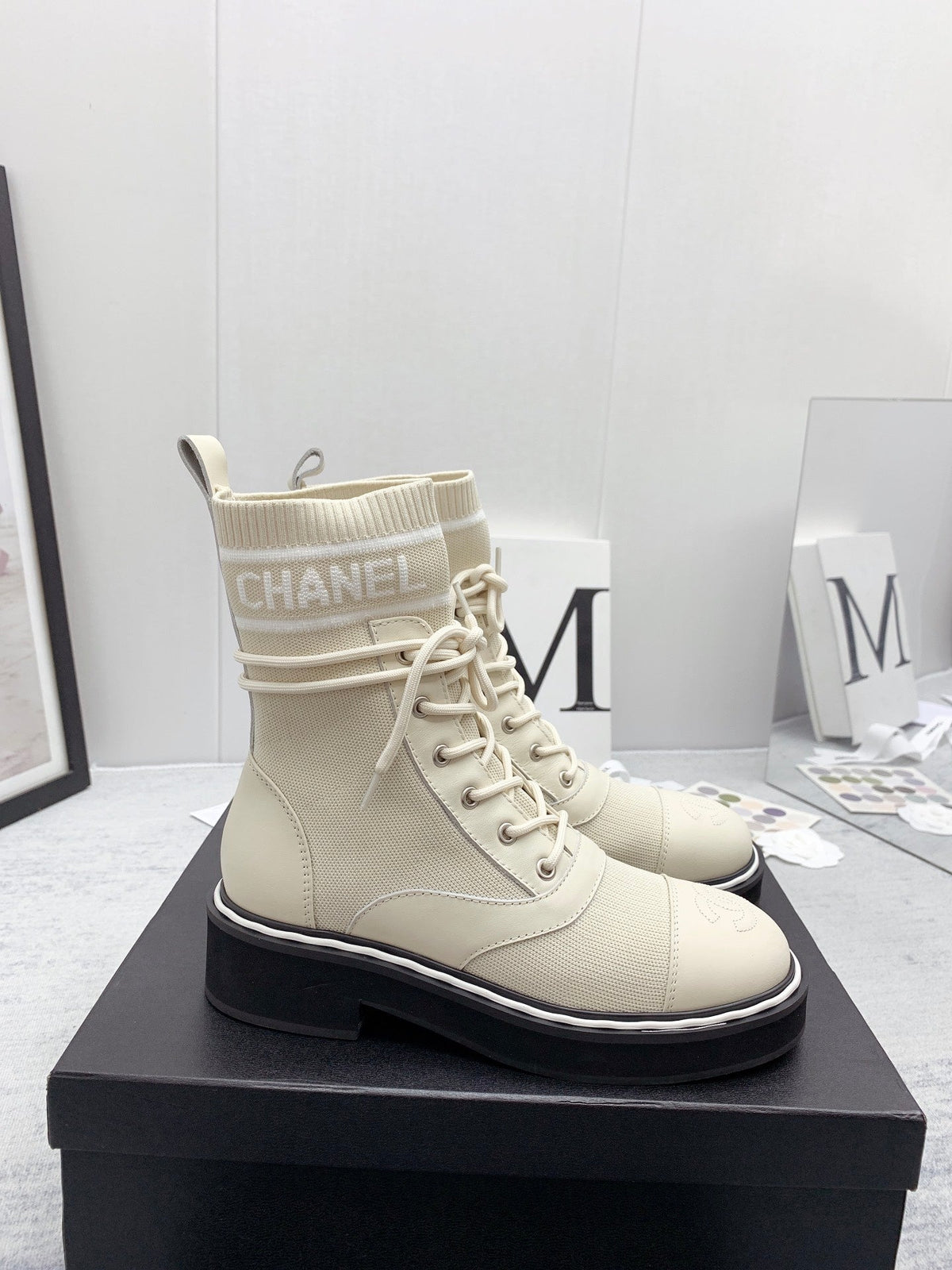CC 26s Lace Up Combat Boots Ivory White Denim Calfskin 160138