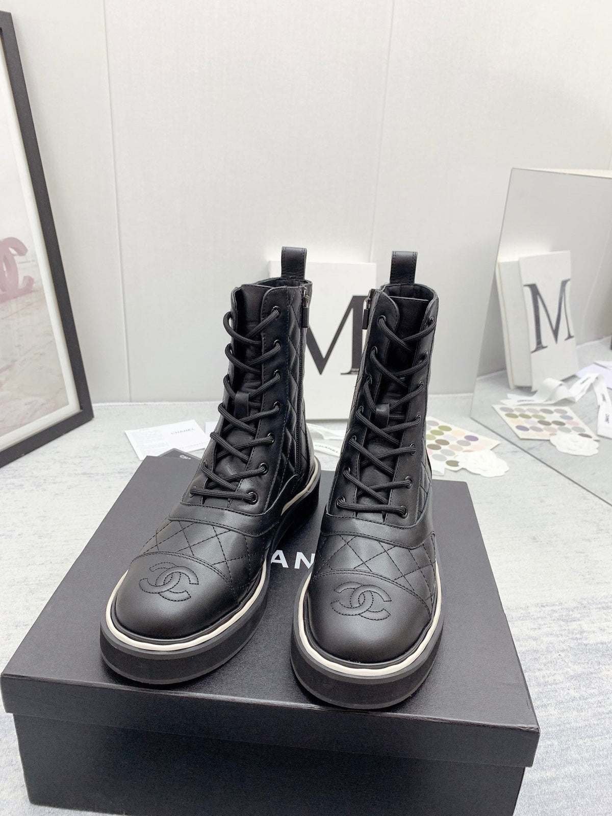 CC 26s Lace Up Combat Boots Black Quilted Leather 160141